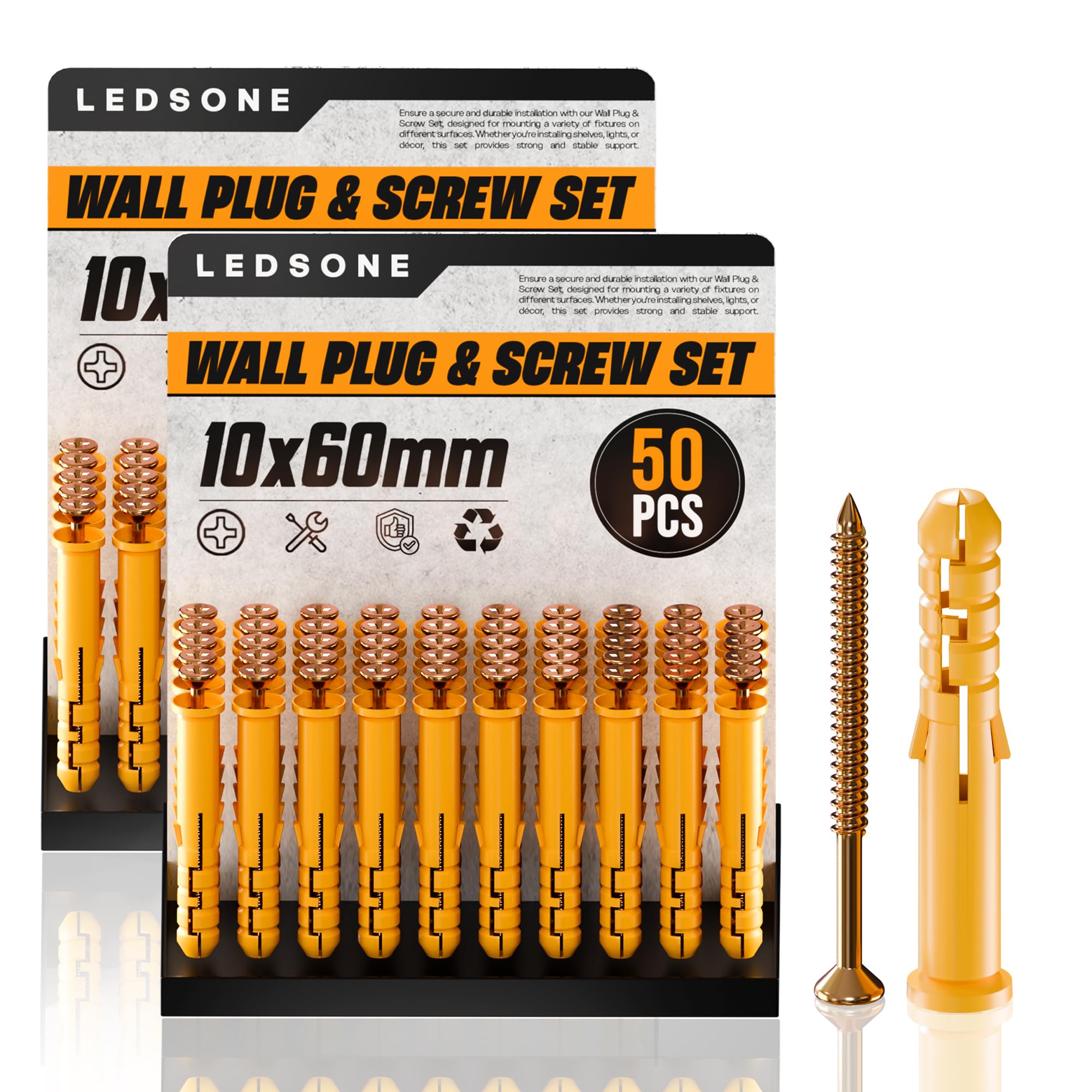 100PCS Wall Plugs and Screws Set (50PCS x 2 Pack), 10 x 60mm Masonry Fixing Kit, Plastic Expansion Wall Plugs with Screws for Brick, Concrete, Plasterboard, DIY Home & Construction Use
