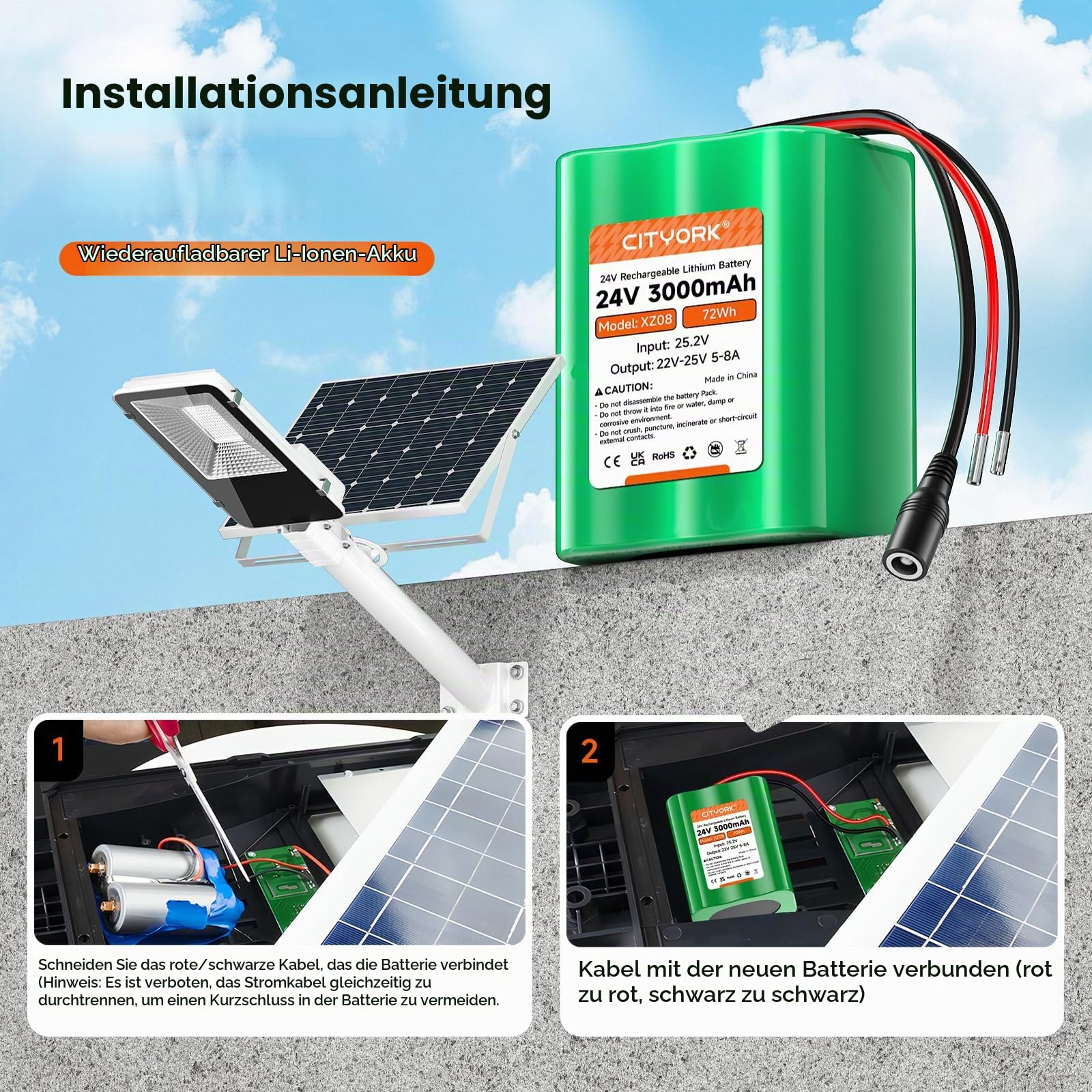 CITYORK 24 V 3000mAh wiederaufladbarer Lithium-Ionen Akku für DIY-Projekte, Boot, CCTV-Kamera, Fischfinder, LED-Lichtleiste und mehr