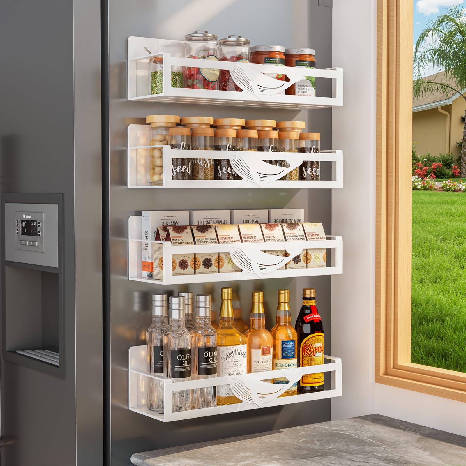 Magnetisches Gewürzregal für Kühlschrank, 4 Stück, Metall-Gewürz-Organizer für Küche, Aufbewahrung, Organisation, platzsparendes magnetisches Regal für Kühlschrank, Speisekammer, Waschküche