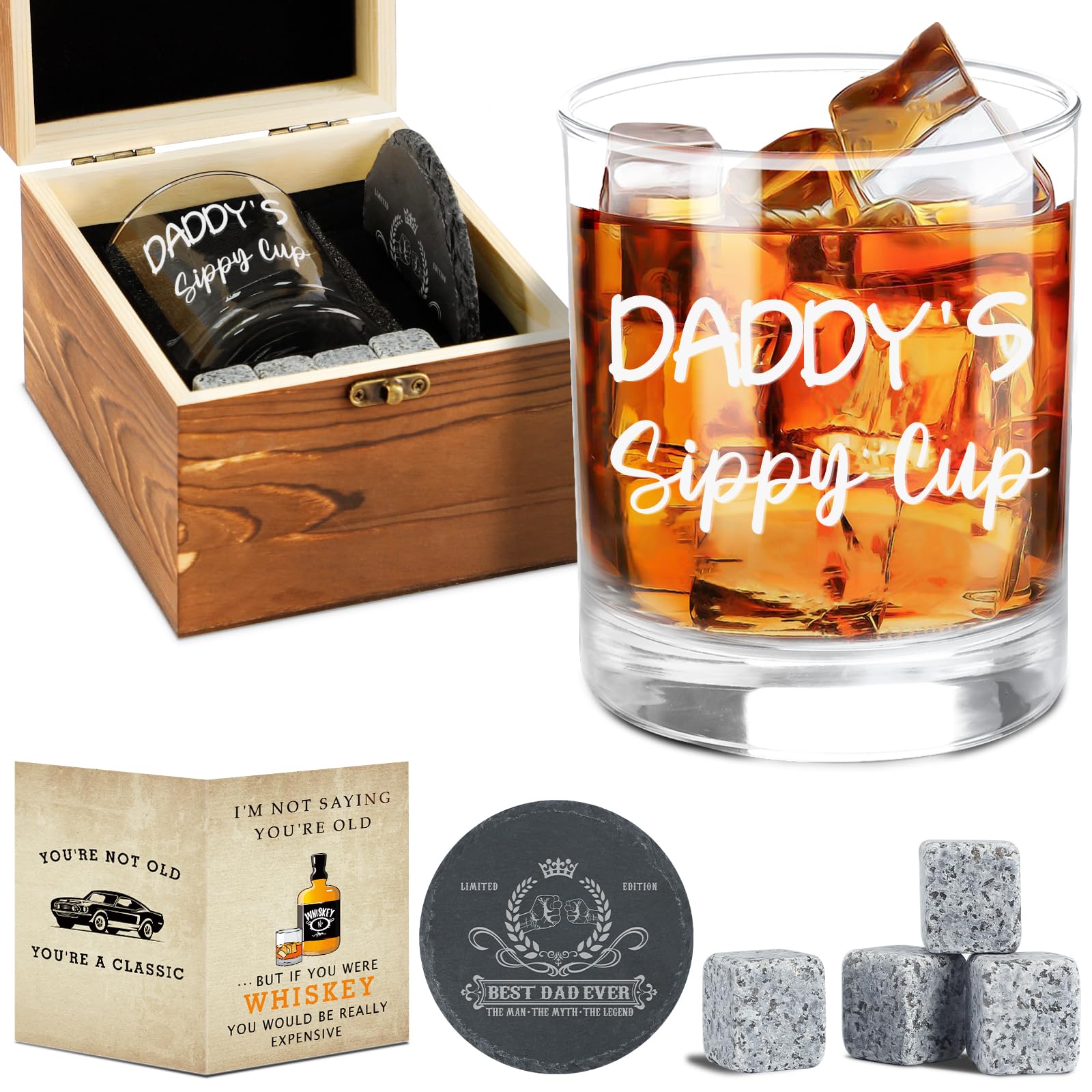 Amosking Christmas Gifts,Daddy's Sippy Cup Whiskey Glass, First Fathers Day Gift Ideas for New Dad, Husband, Boyfriend from Daughter Wife Baby Kids, Girl Dad Gifts for Christmas,Fathers Day,Birthday