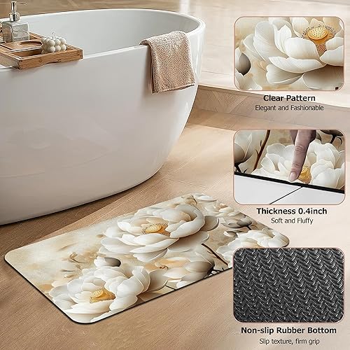 Miniatura 4 de Tapete de baño antideslizante, decoración de baño de peonías blancas, flores de loto de diatomeas, tapete de baño absorbente de secado rápido,