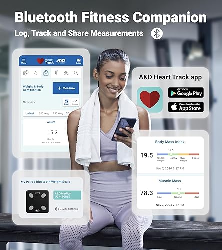 Miniatura 3 de A&D Medical Báscula inteligente para peso corporal, UC-450BLE, báscula de grasa corporal Bluetooth con IMC, composición corporal, báscula digital de
