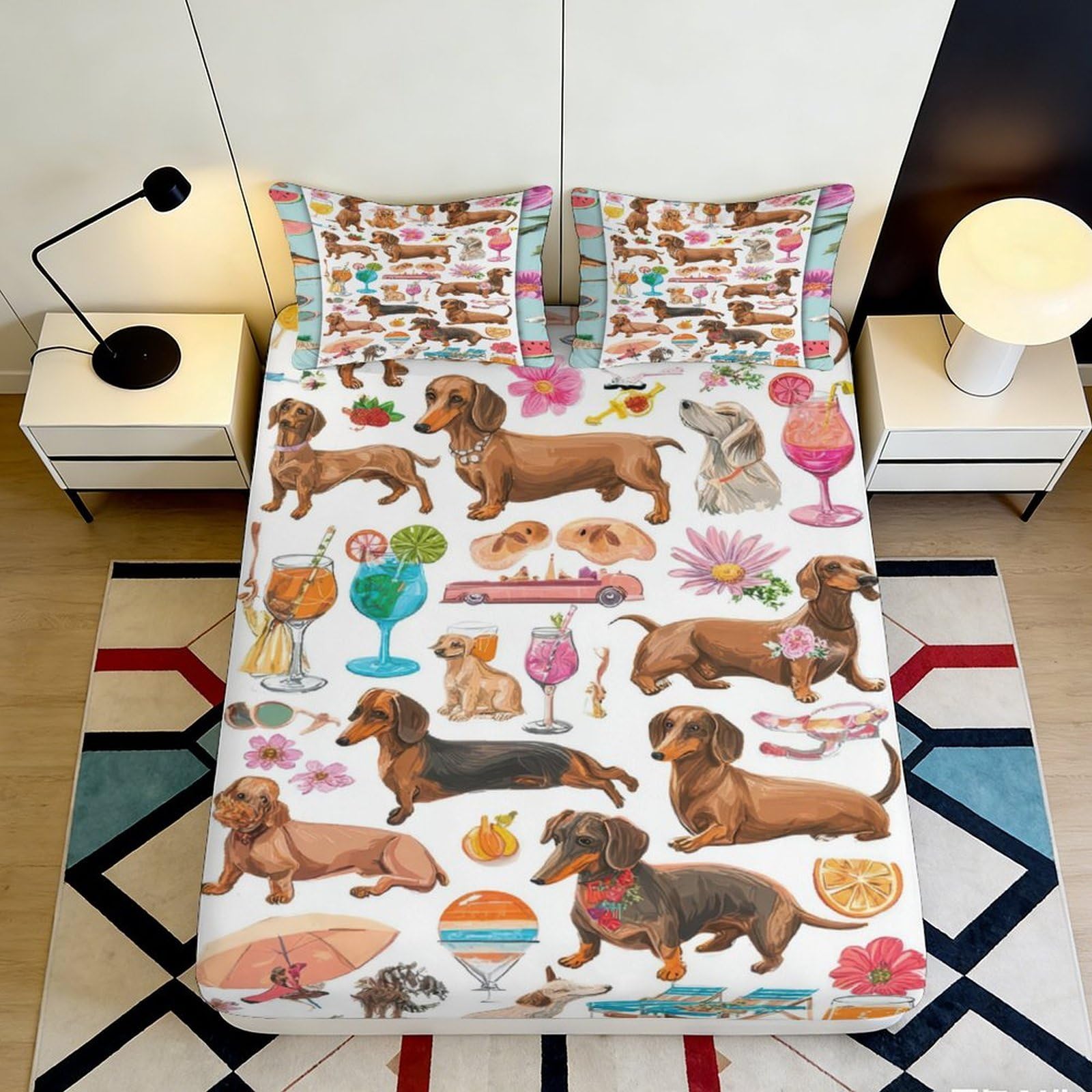 3D Printed Dachshund Dog Fitted Sheet Microfiber Soft Breathable Cocktail Glass Mattress Cover for Bedroom Guest Room Dorm Decor 160x200x25cm