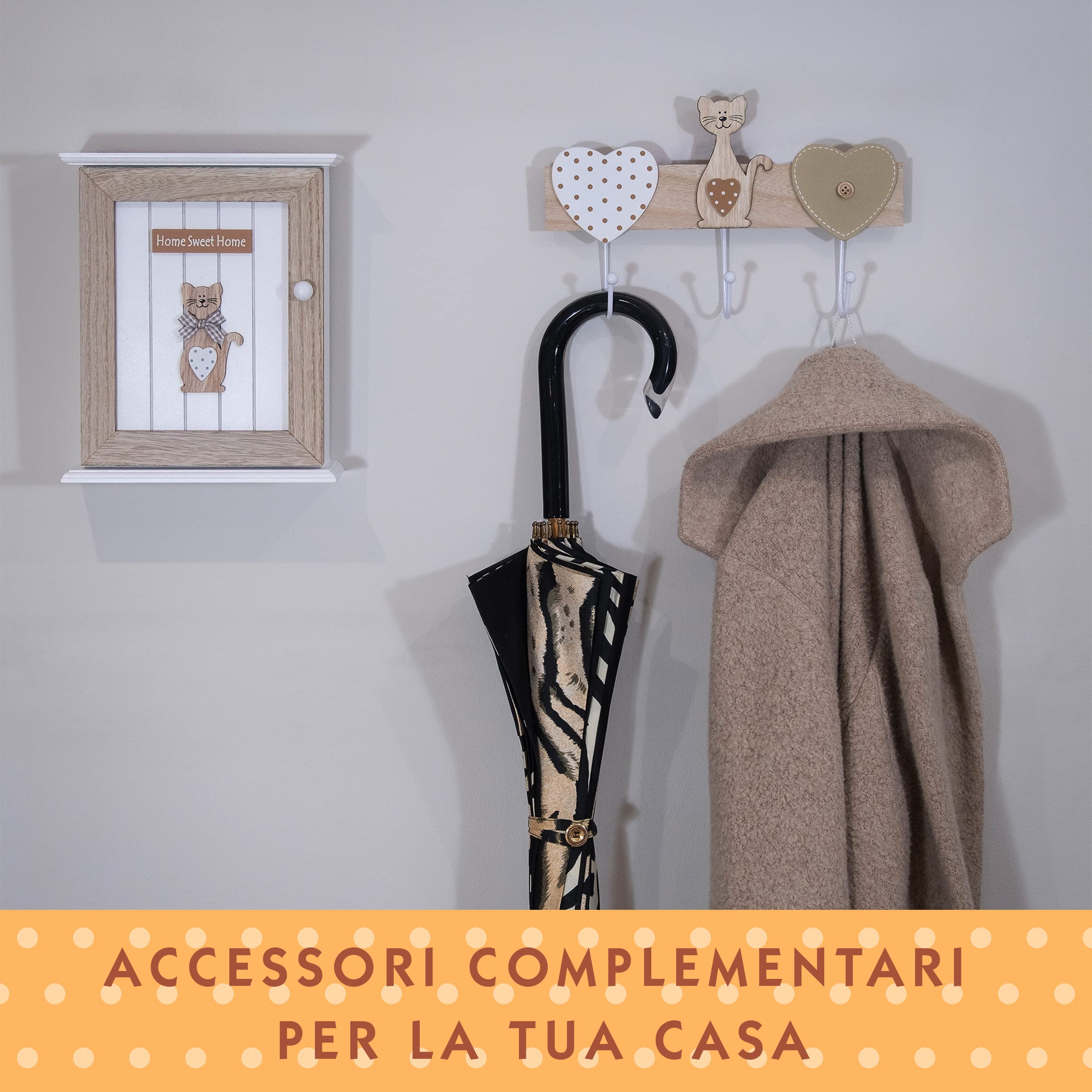 SPOTTED DOG GIFT COMPANY - Armadietto portachiavi da parete con motivo gatto e scritta Home Sweet Home - decorazione per l'ingresso - con 6 ganci - in legno - naturale/bianco