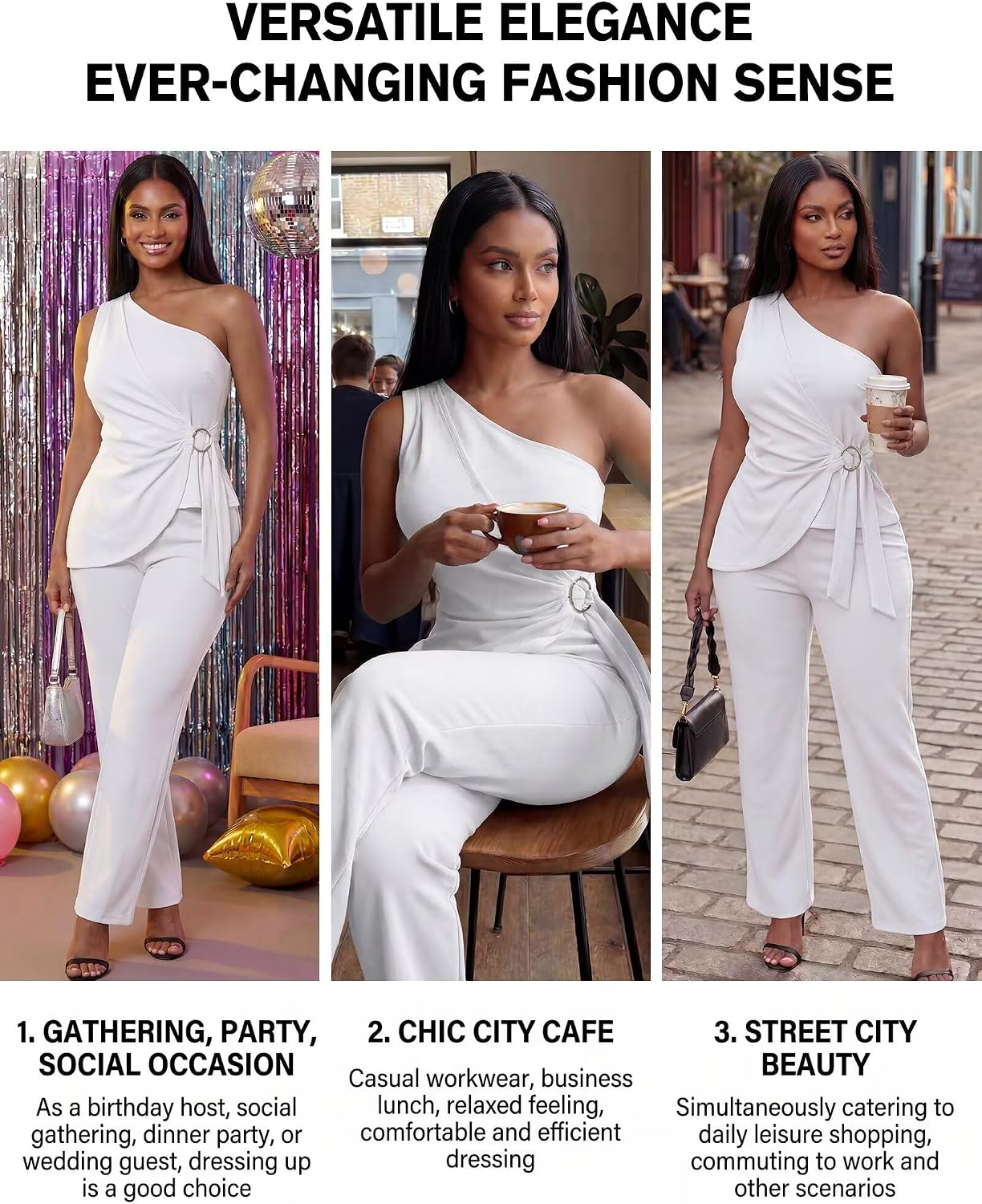 kaimimei Womens Pantsuits Casual One Shoulder Sleeveless Belted Waist Formal 2 Piece Party Suit Set with Pockets
