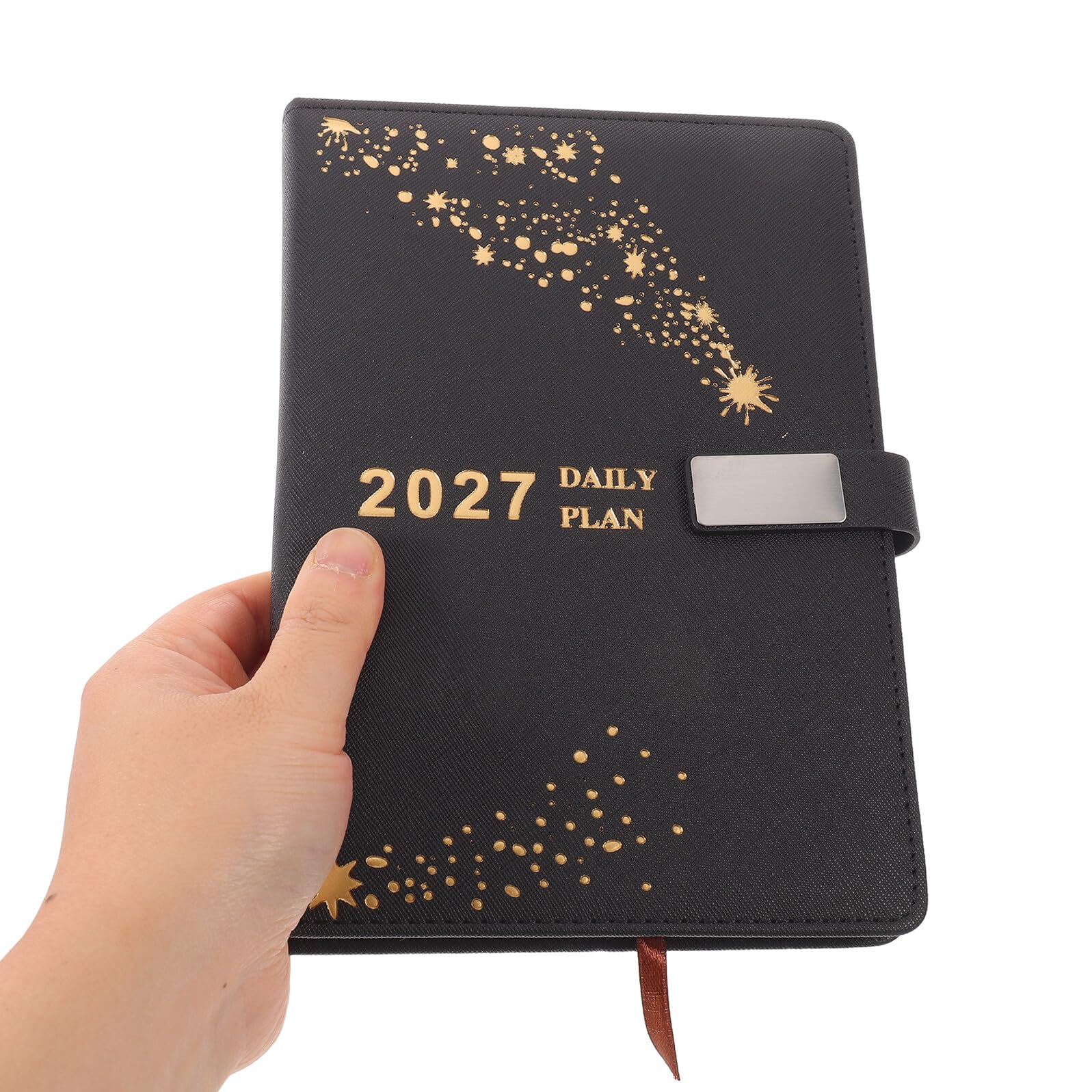 Agenda 2027 in Carta Spessa Copertina in Pu e Metallo, Pianificatore Annuale Nero per Lavoro e Riunioni di Studenti e Professionisti