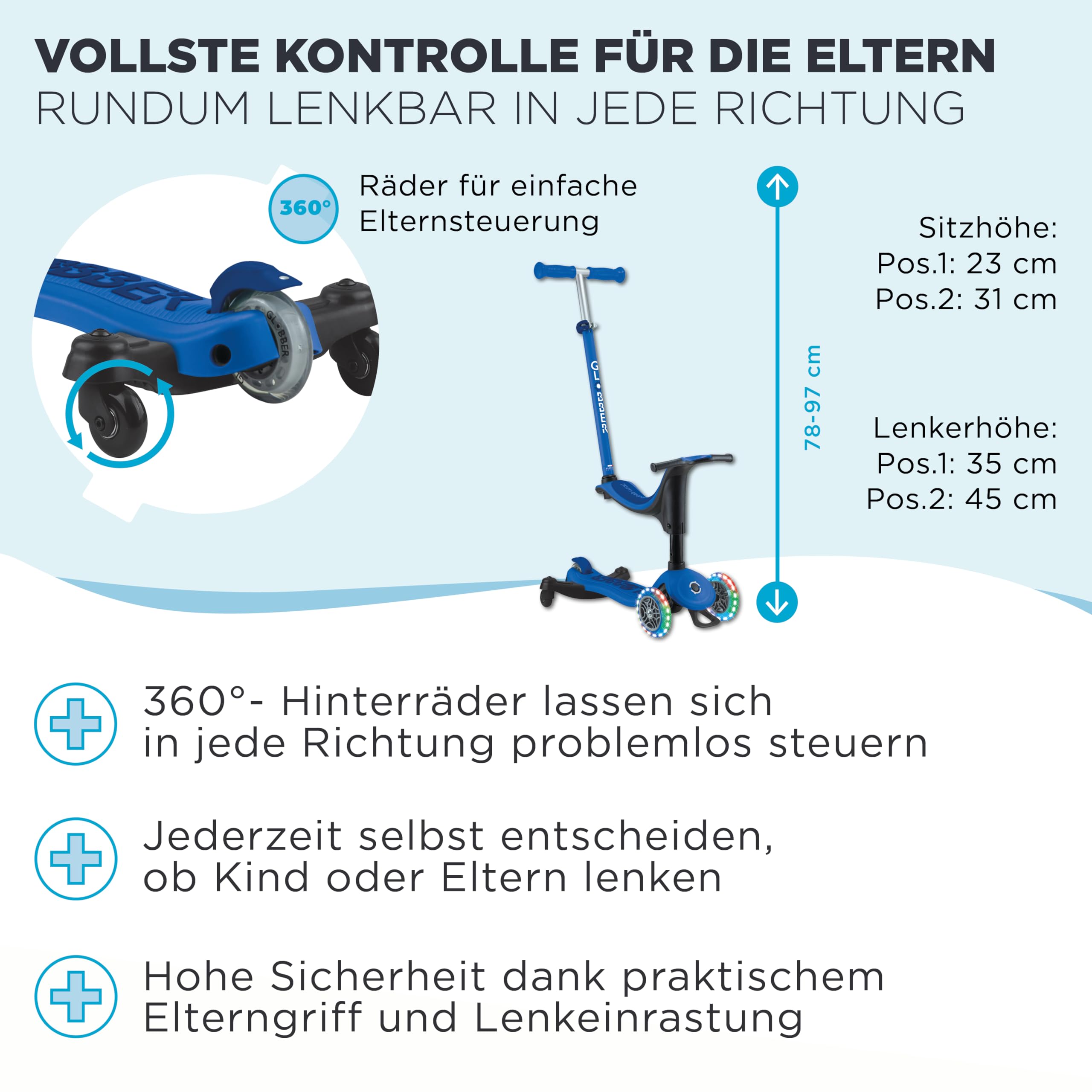 GLOBBER GO-UP Sporty Lights 360, 3-in-1 Kinderfahrzeug, 15+ Monate, Höhenverstellbare Lenkstange, LED-Leuchtrollen, 20kg/50kg, 3-Räder, Aluminium-Rahmen