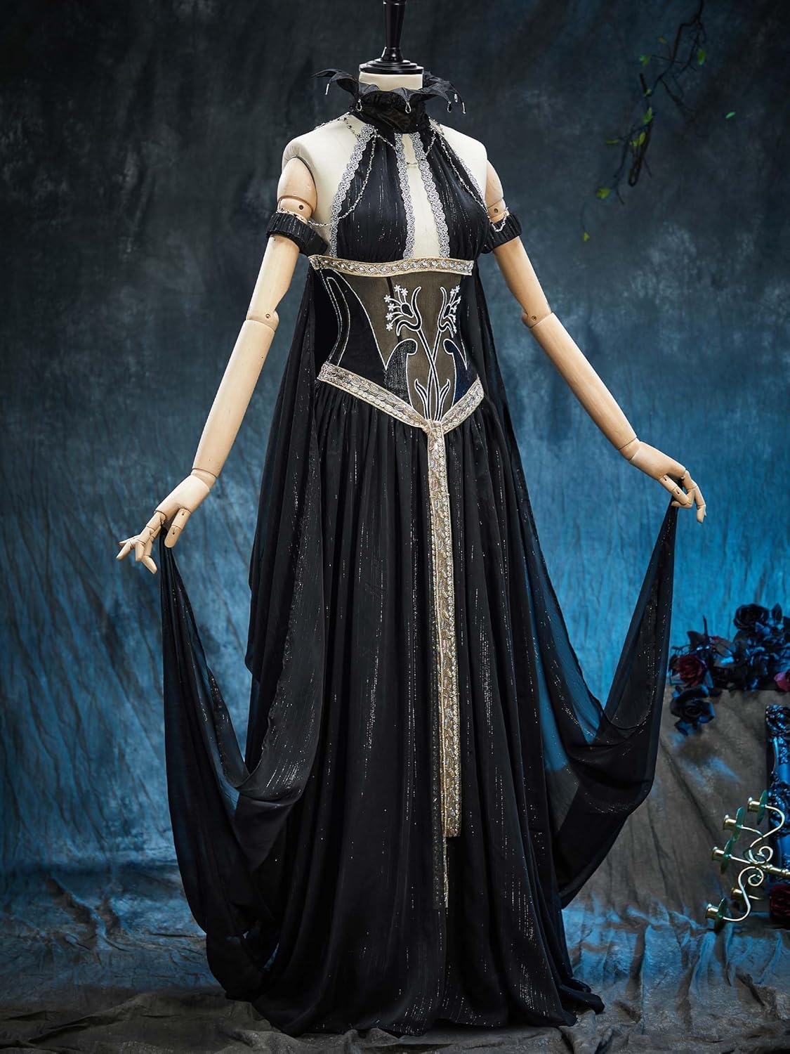 MEOWCOS Gothic Vampire Bride Outfit Set Black Dress Elegant Cape Cosplay Costume with Decorative Chain - Image 2