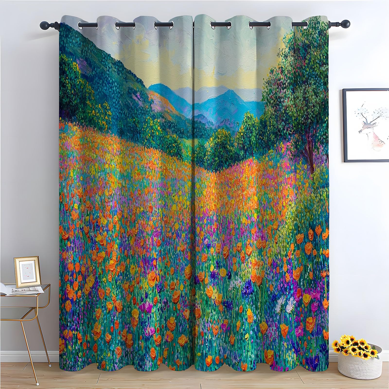 WQBQKKX Green Blackout Curtains for Bedroom Grassland Eyelet Curtains for Living Room Thermal Insulated Window Curtain Drapes for Dining Room-52 W x 72" L (Pack of 2)