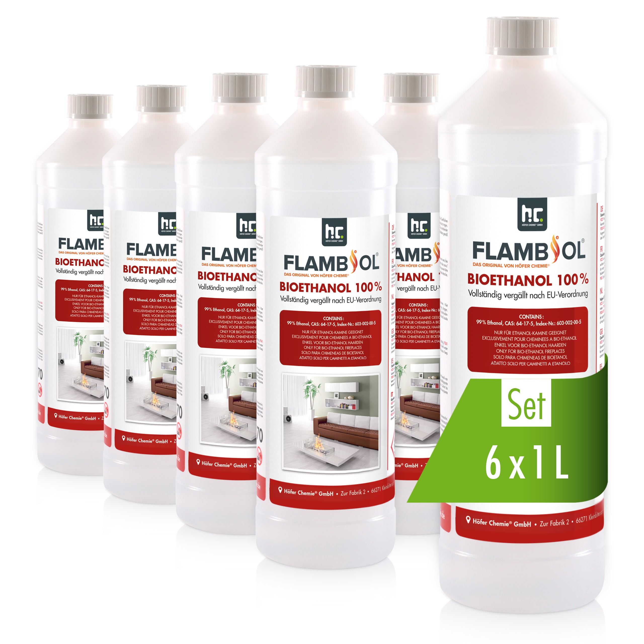 Höfer Chemie FLAMBIOL® Bioéthanol 6 x 1 L Ultra Pur 100% - Combustible Écologique pour Cheminées de Table et Poêles en Acier Inoxydable, Combustion Propre et Inodore