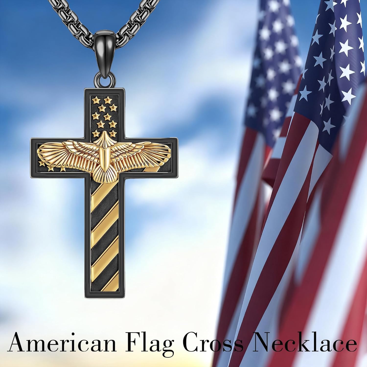 American Flag Cross Necklace for Men 925 Sterling Silver American Flag Cross Pendant with Eagle Jewelry Gifts for Birthday Christmas - Image 6