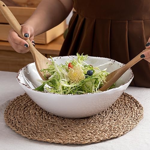 Miniatura 4 de LEHAHA Tazones grandes de melamina blanca rústica, juego de 2 piezas, cuencos de ensalada más grandes de 12 pulgadas (130 onzas), cuencos de mezcla