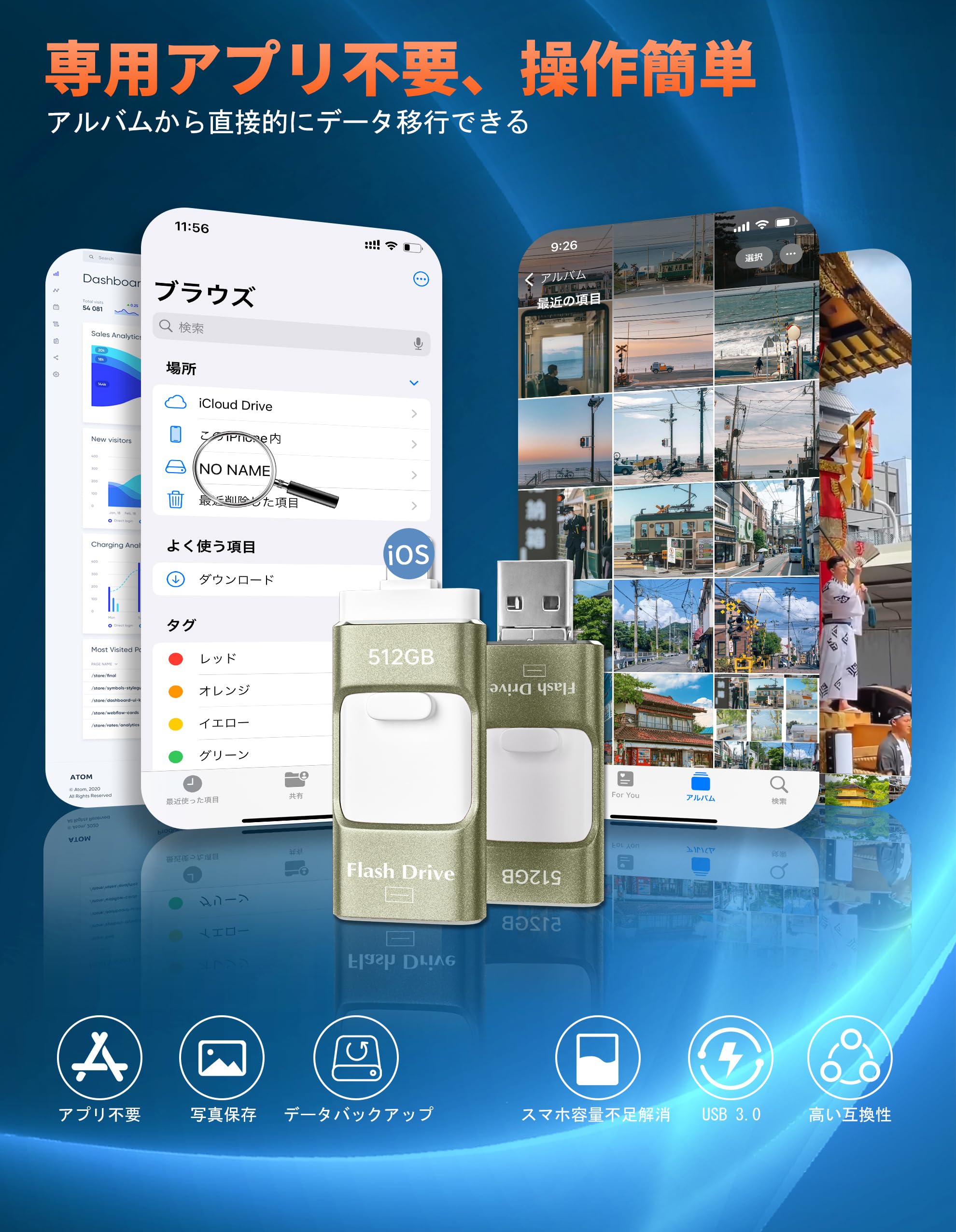 512GB USBメモリ【アプリ不要・アルバムから写真保存】4in1 Phone USBメモリー スマホ データ保存 外付けメモリ iOS/Type-C/USB/Micro USB搭載 大容量 フラッシュメモリ 高速 データバックアップ 外付けストレージ スライド式 携帯容量不足解消 グリーン - 3