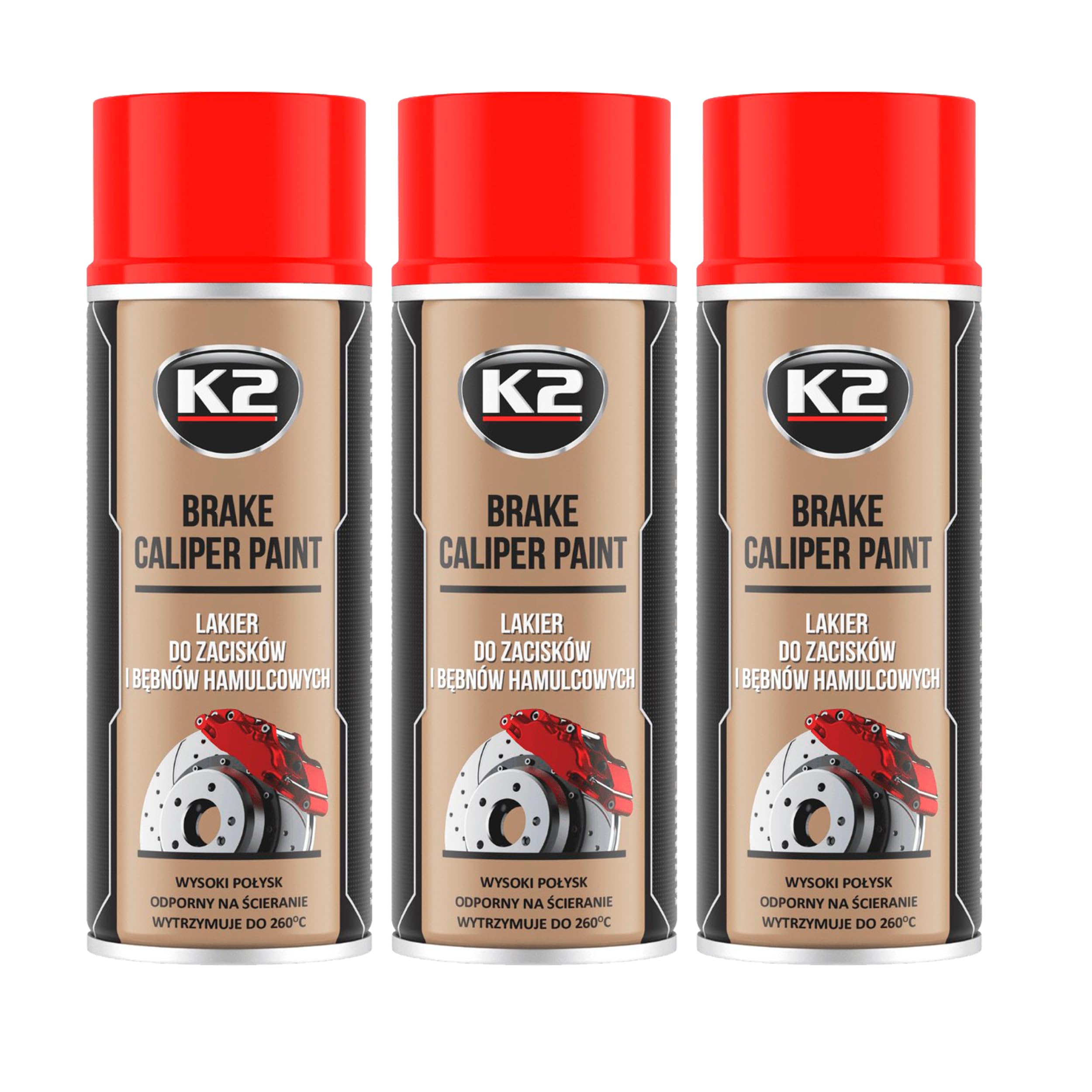 K2 Pintura para Pinza de Freno Anticalórica Pack de 3 - Color Rojo - Brake Caliper Spray 400 ml