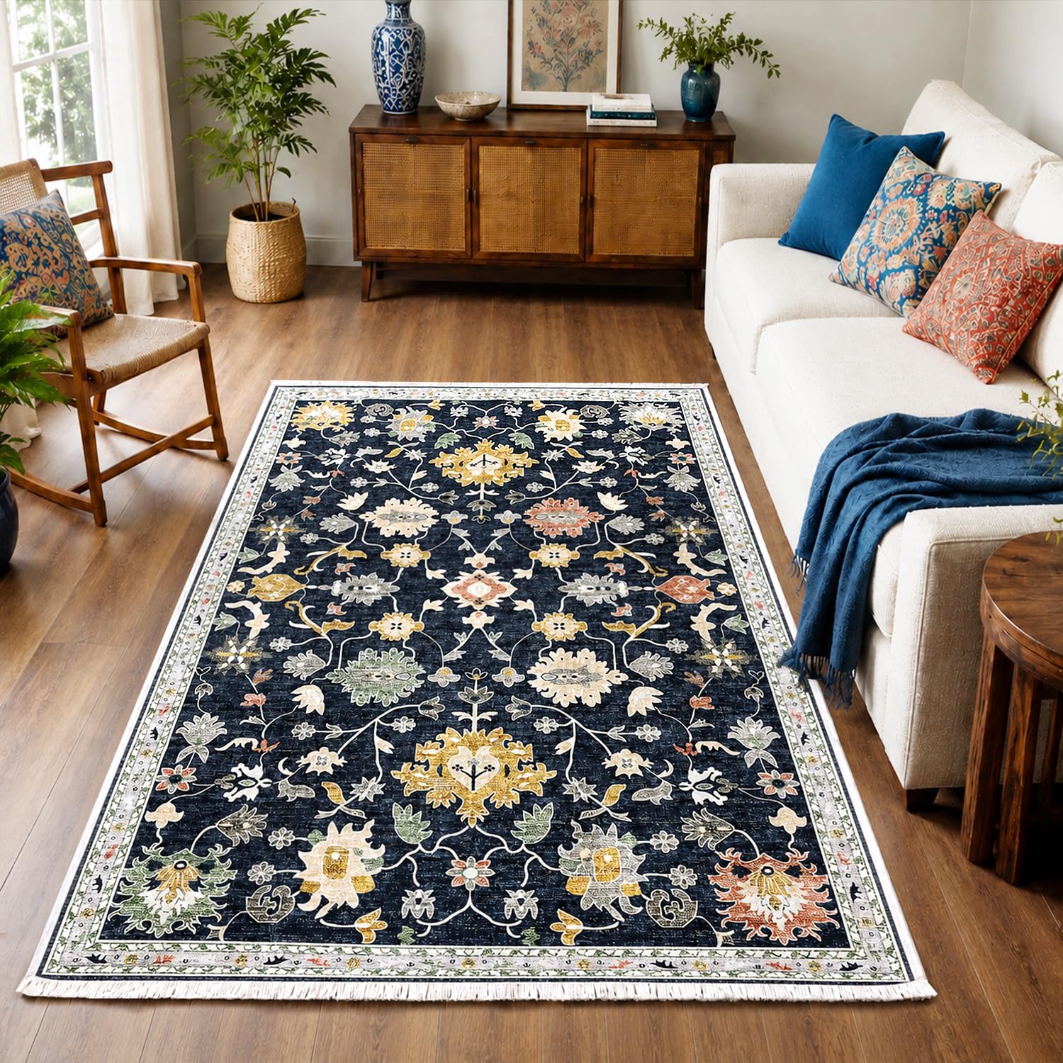 Amazon Brand - Solimo Polyester Midnight Garden Printed Carpet for Home and Office, Anti Skid Rug for Bedroom and Living Room, All Season, 5x7 ft, Midnight Floor, Pack of 1-image-29