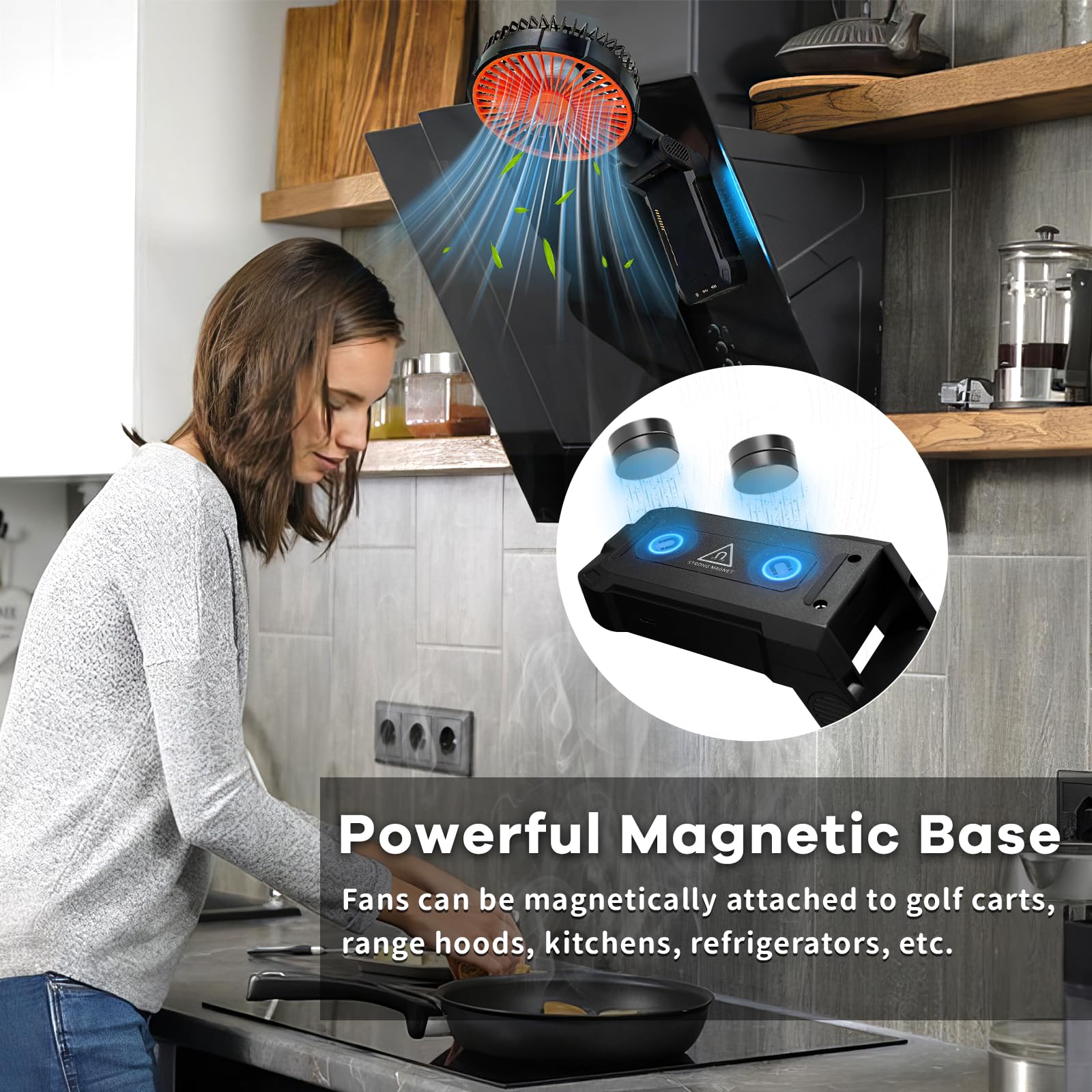 Ventilateur portable magnétique avec lumière LED – 4 vitesses réglables, rotation à 70°, 2 heures, ventilateur à clip pour poussette, voyage, camping, golf, salle de sport (orange)