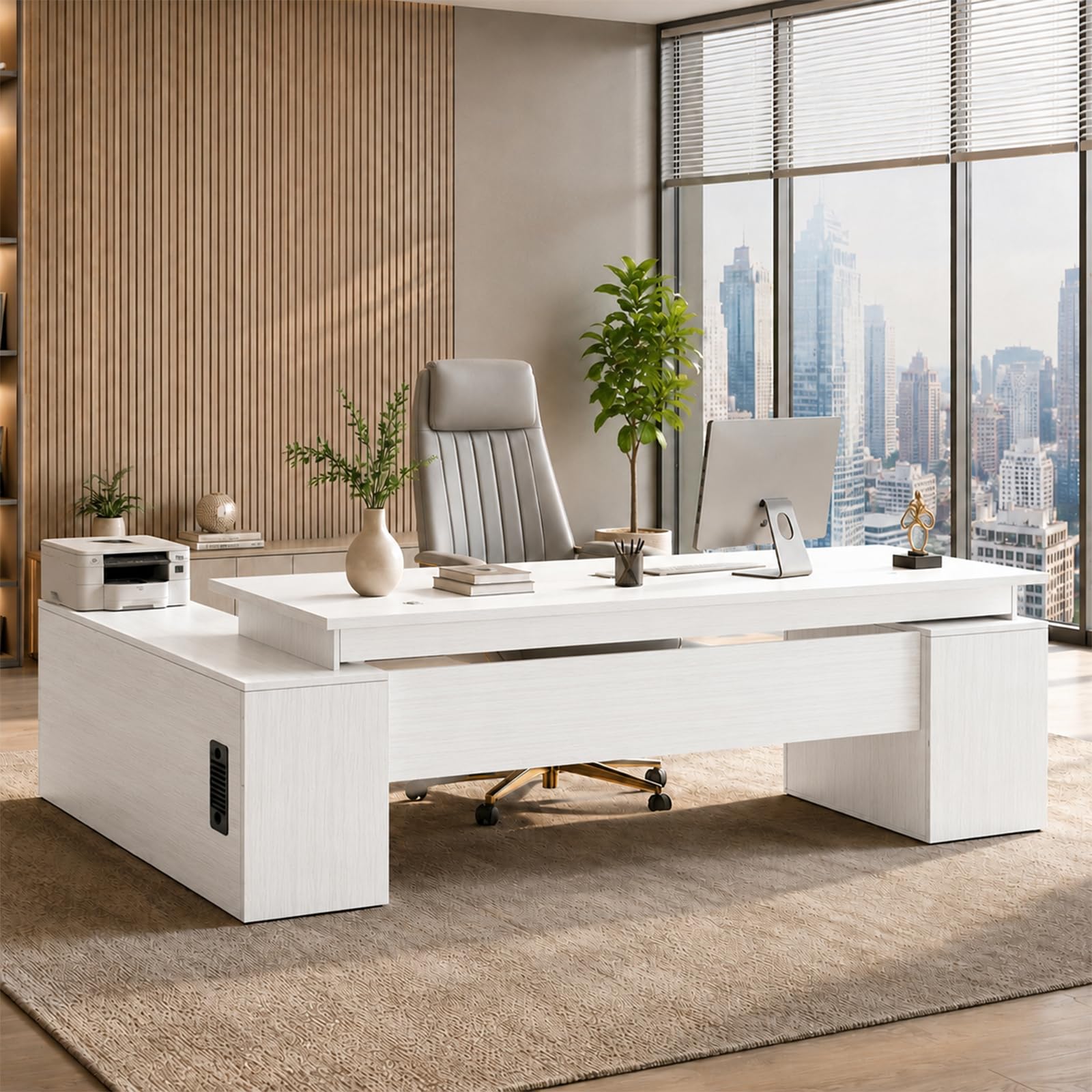 L-förmiger Chefschreibtisch mit Stauraumschrank und 3 Schubladen,Kabelmanagement, CPU-Fach und Regalen, Moderner Eckschreibtisch für Büro und Homeoffice