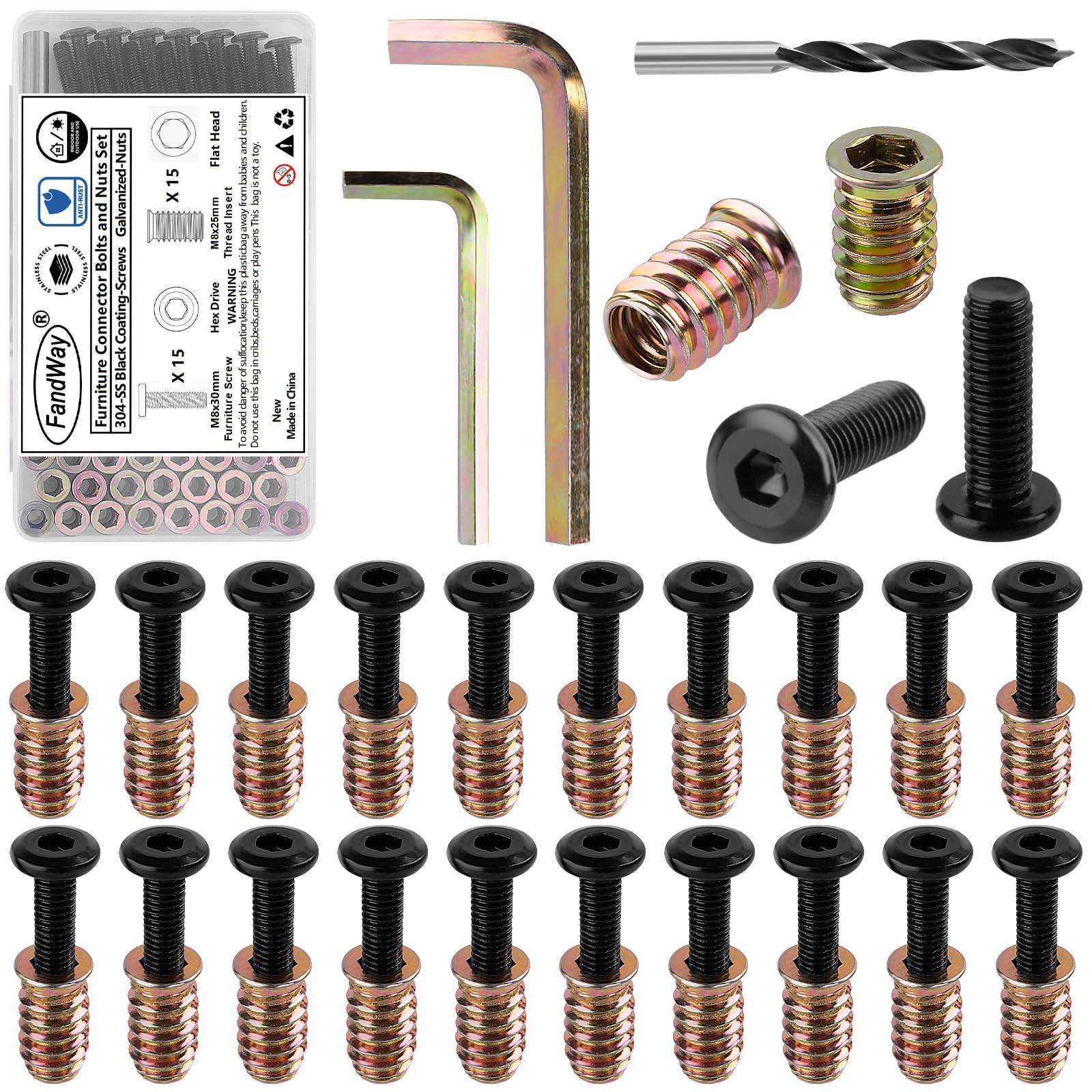 FandWay 15 Sets M8x30mm Furniture Screw Nut,M8x20mm Threaded Inserts for Wood,Connector Bolts and Nuts Set,Flat Head Allen Screw-in Nuts,Hex Socket Drive with Wrenches