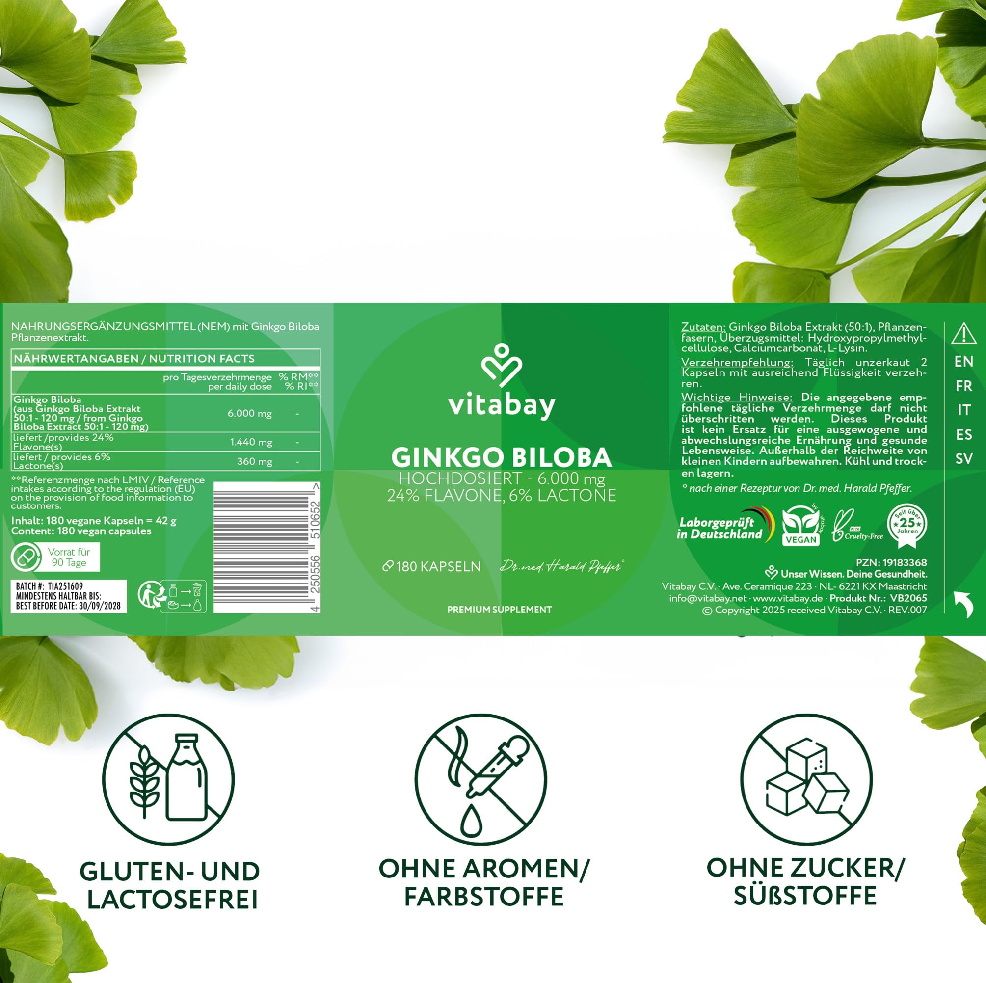 Vitabay Ginkgo Biloba 6000mg Hochdosiert - 180 Ginkgo Kapseln VEGAN - Kapseln mit 24% Flavone & 6% Lactone - Hochdosiert Vegan und Laborgeprüft