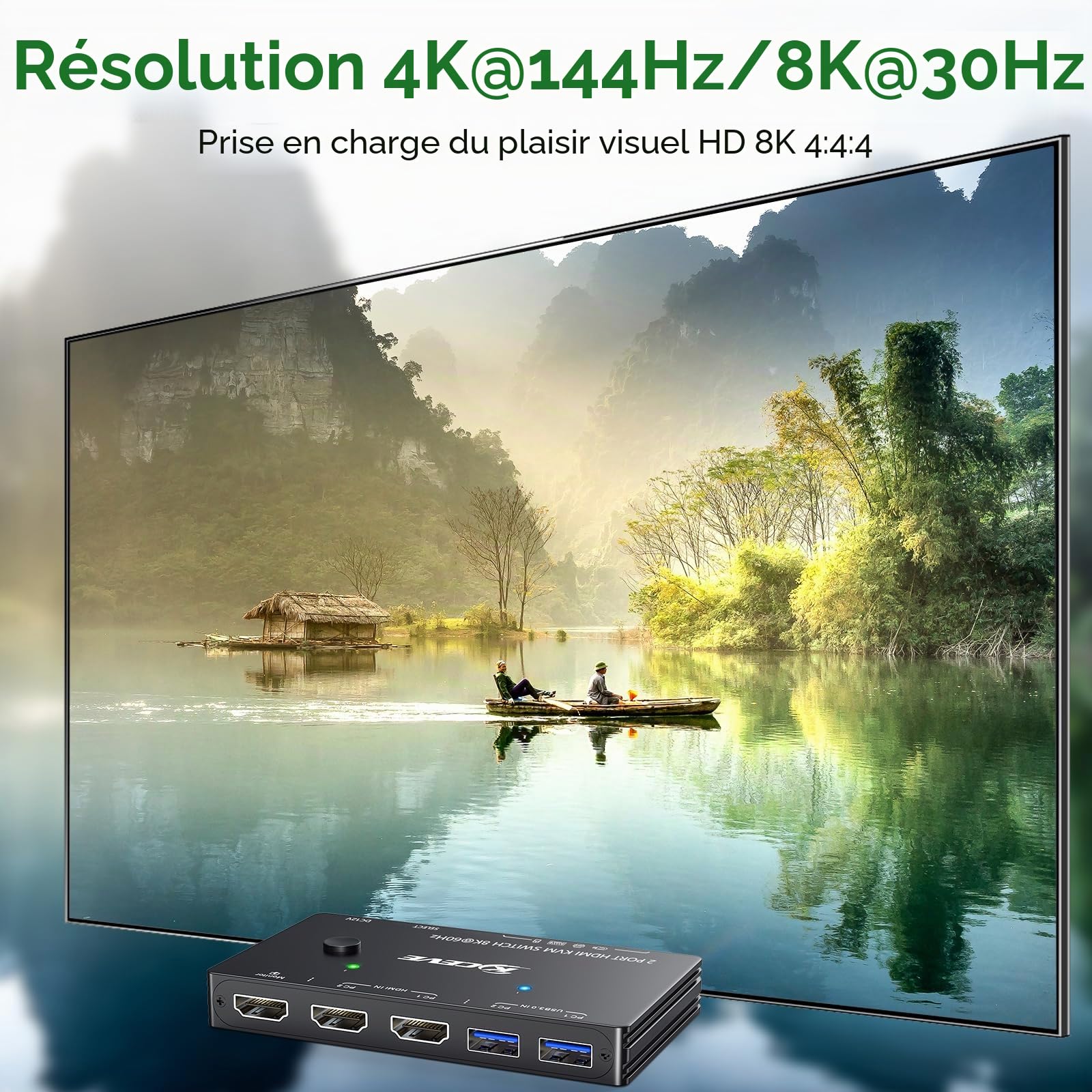KVM Switch 2 PC 1 Moniteur HDMI, USB 3.0 KVM Switch HDMI 2 Port 8K@60Hz 4K@120Hz HDCP 2.3, Partage Clavier Souris, Wired Remote(8K HD 2 in 1 out KVM)