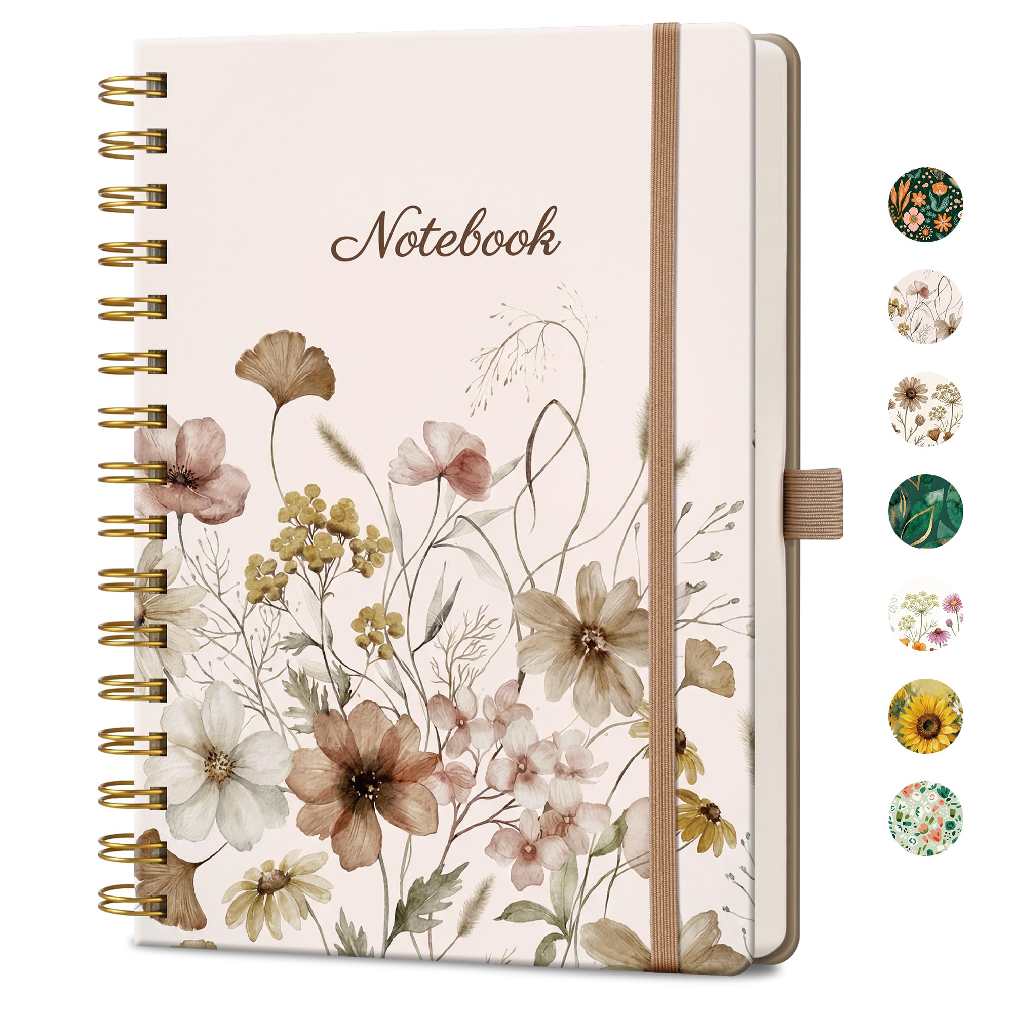 AUTEMPO A5 Spiral Notebook, 160 Lined Pages, Hardcover, Soft Neutral Floral