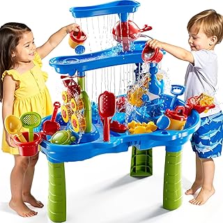 3-Tier Sand and Water Activity Table for Kids 3-8, Sensory Play Table with Waterfall Design & Beach Toy Set, Outdoor Backyard Playset for Toddlers 2-6, Great Birthday Present