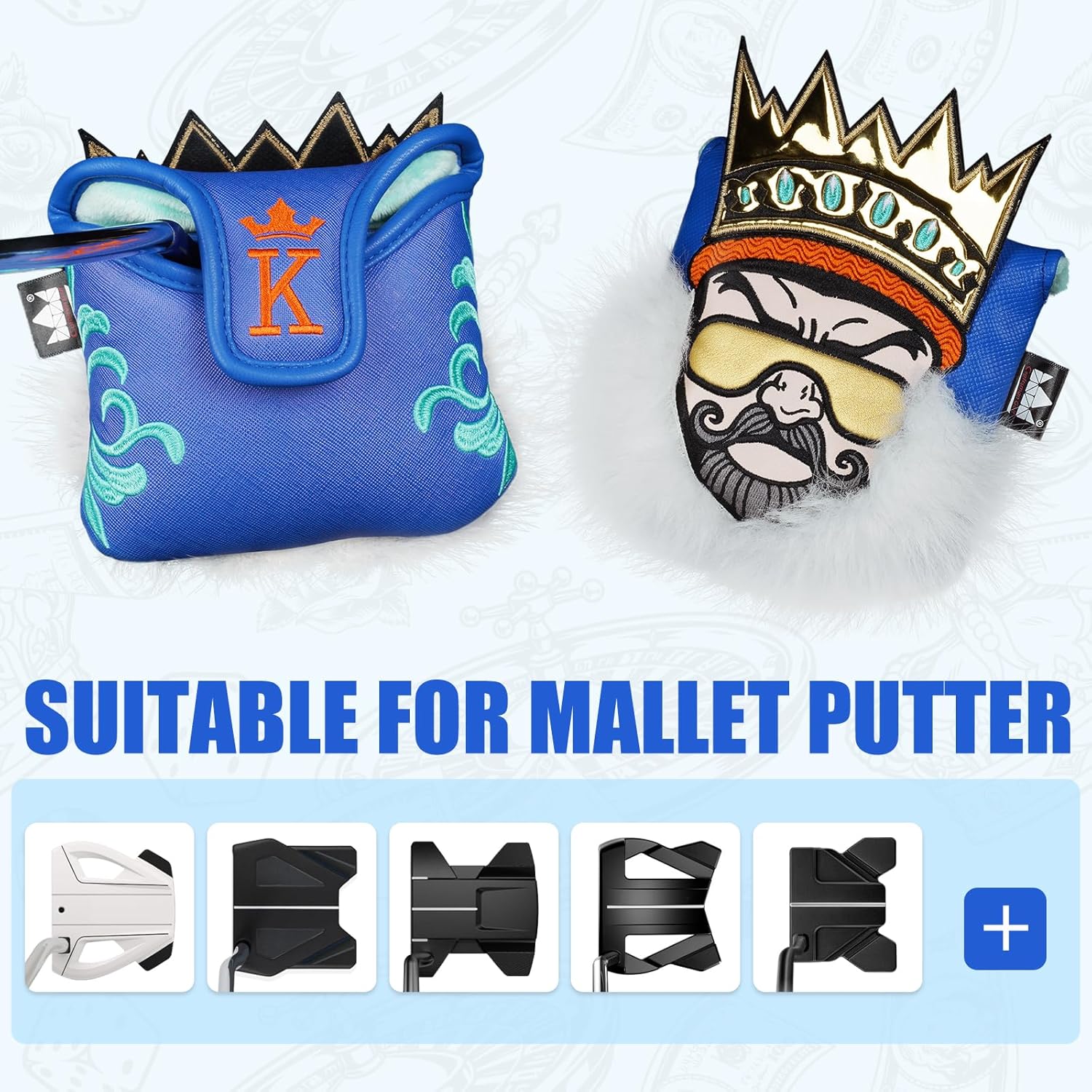 Craftsman Golf Synthetic Leather King with Crown and Beard Blue Golf Club Headcover Cover for Woods and Driver Hybrids Putter