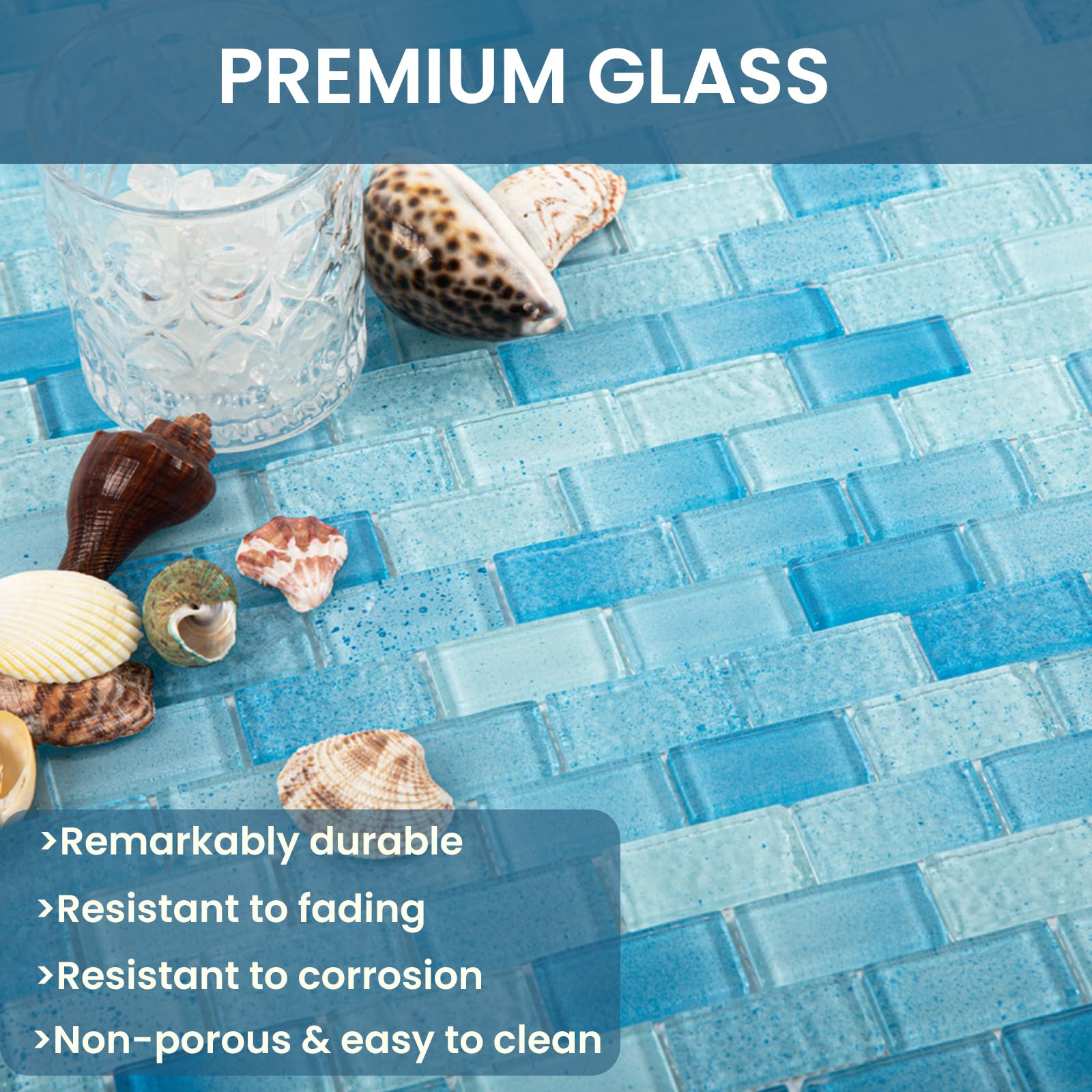 Azulejo de mosaico de vidrio, azul iridiscente de 12 x 12 pulgadas para piscina, cocina, baño (paquete de 5, 5 pies cuadrados)