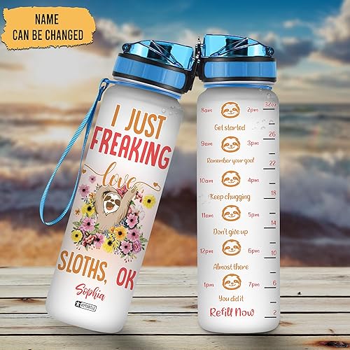 Miniatura 9 de Hyturtle Botella de agua motivacional personalizada con texto en inglés "I Just Freaking Love Sloths" de 32 onzas, botella de agua con seguimiento