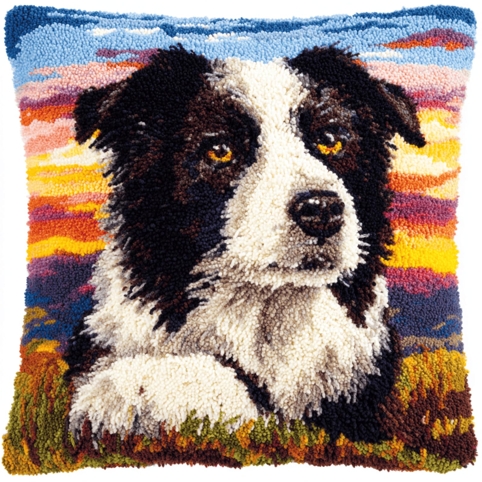 Taxpy Latch Hook Pillow Kit for Adults and Beginners,Border Collie,17x17 Inch Cushion Making Kit,Pre-Printed Canvas,Pre-Cut Yarn and Tool Included,DIY Craft for Sofa Bedroom Decoration and Gift