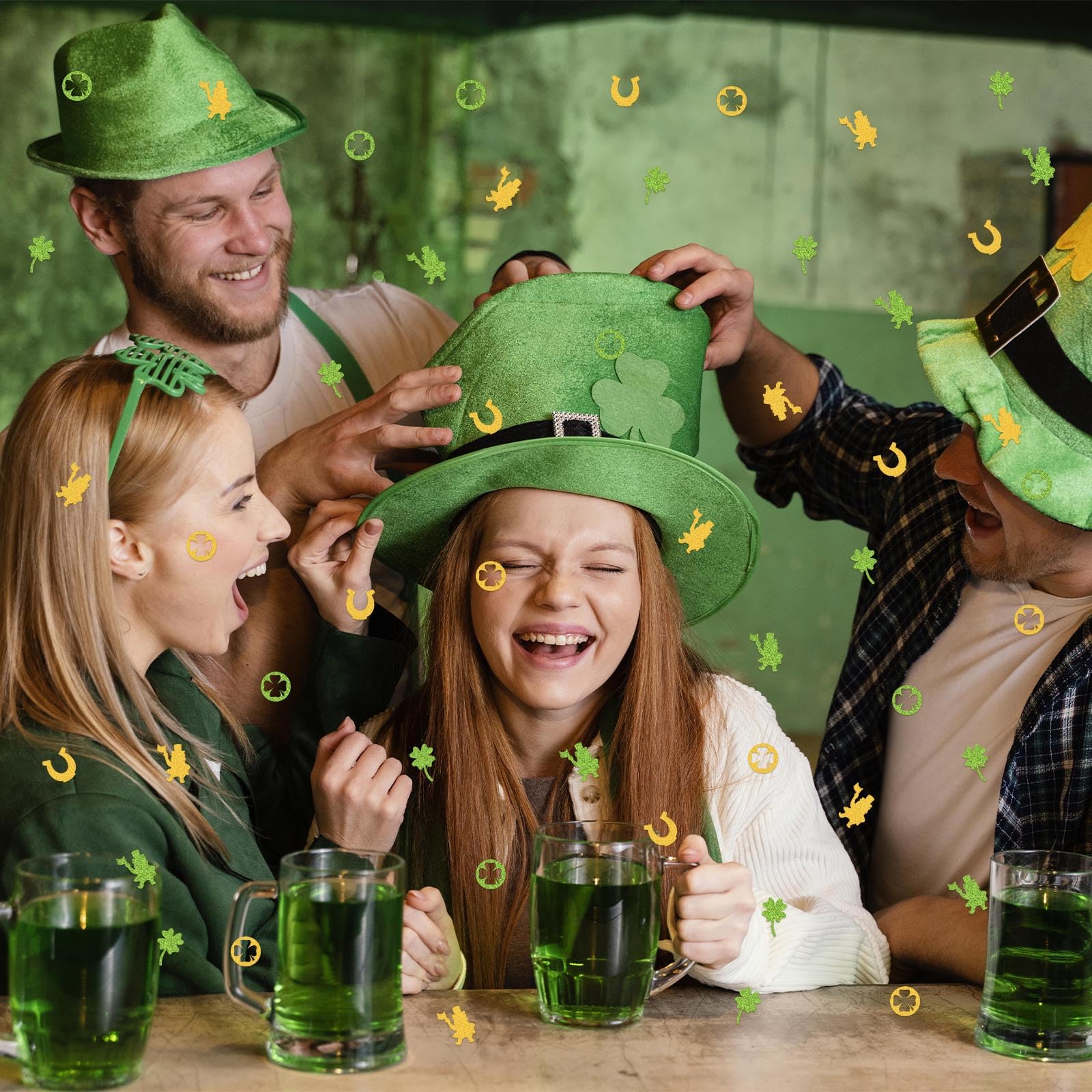 Hying 200 Stück St. Patrick's Day Konfetti Dekorationen für Tisch, irische Glückskleeblatt-Pailletten, Glitzer, Grüngold, Tischkonfetti, Hufeisen, Kobold, Papierkonfetti für St. Patrick's Day Party