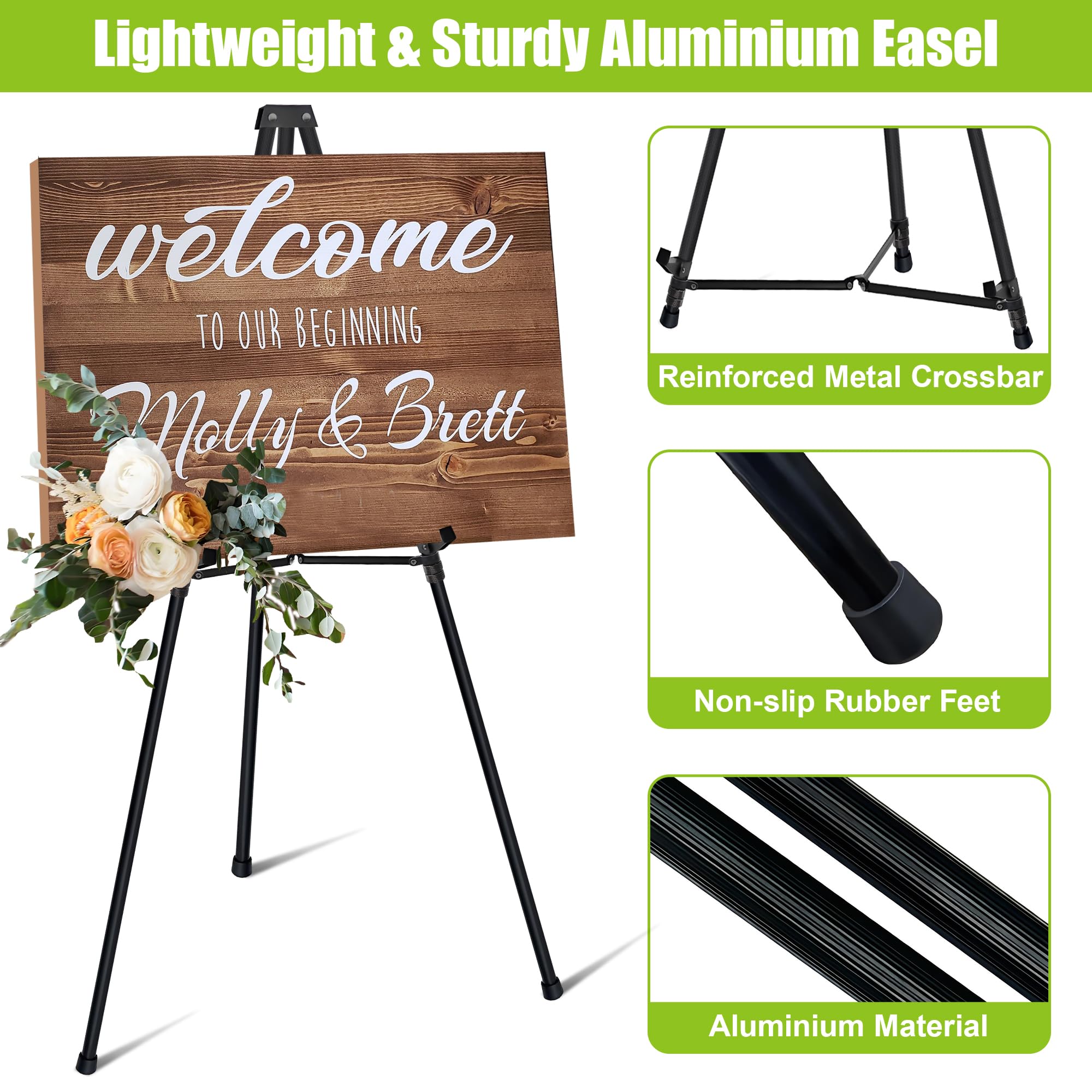4 Stück Staffelei Höhenverstellbar 160 cm, Teleskopische Aluminium Atelier-,Künstler- und Bodenstaffelei, tragbar, Leinwandständer, Bilderständer Hochzeit, Malerei, Poster, Skizzieren, Schwarz