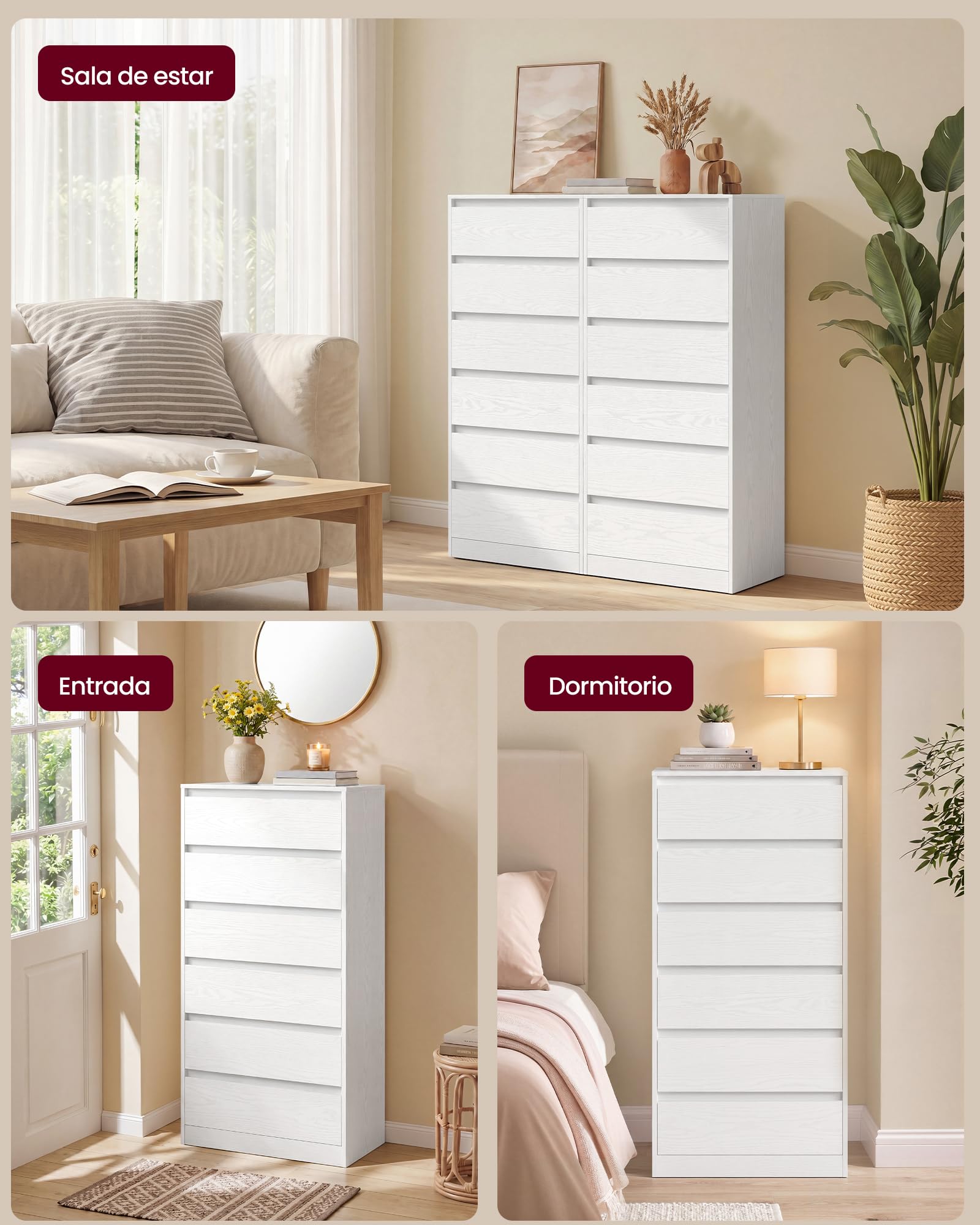 VASAGLE Colección Kailyn - Cómoda de 6 Cajones para Dormitorio, Armario de Almacenamiento, Mueble para Ropa, 30 x 48 x 111,2 cm, Estilo Moderno, Blanco Nieve LTS606WE01