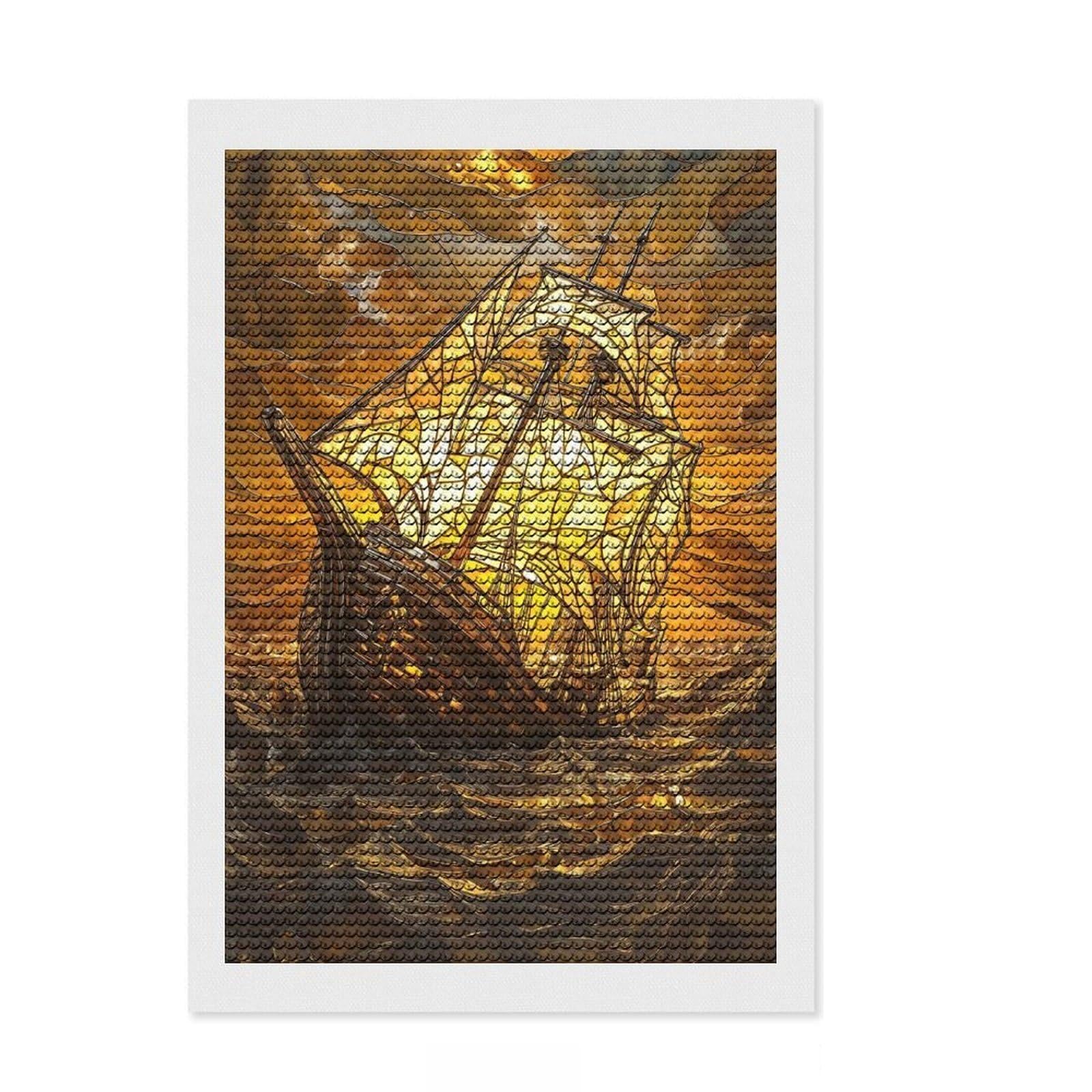 Junmoney Golden Sinking Ship Diamond Art Canvas 8"x12", for Women, Sparkling Round Gems, Gift Idea, Boho Decor, Satisfying Creative Project