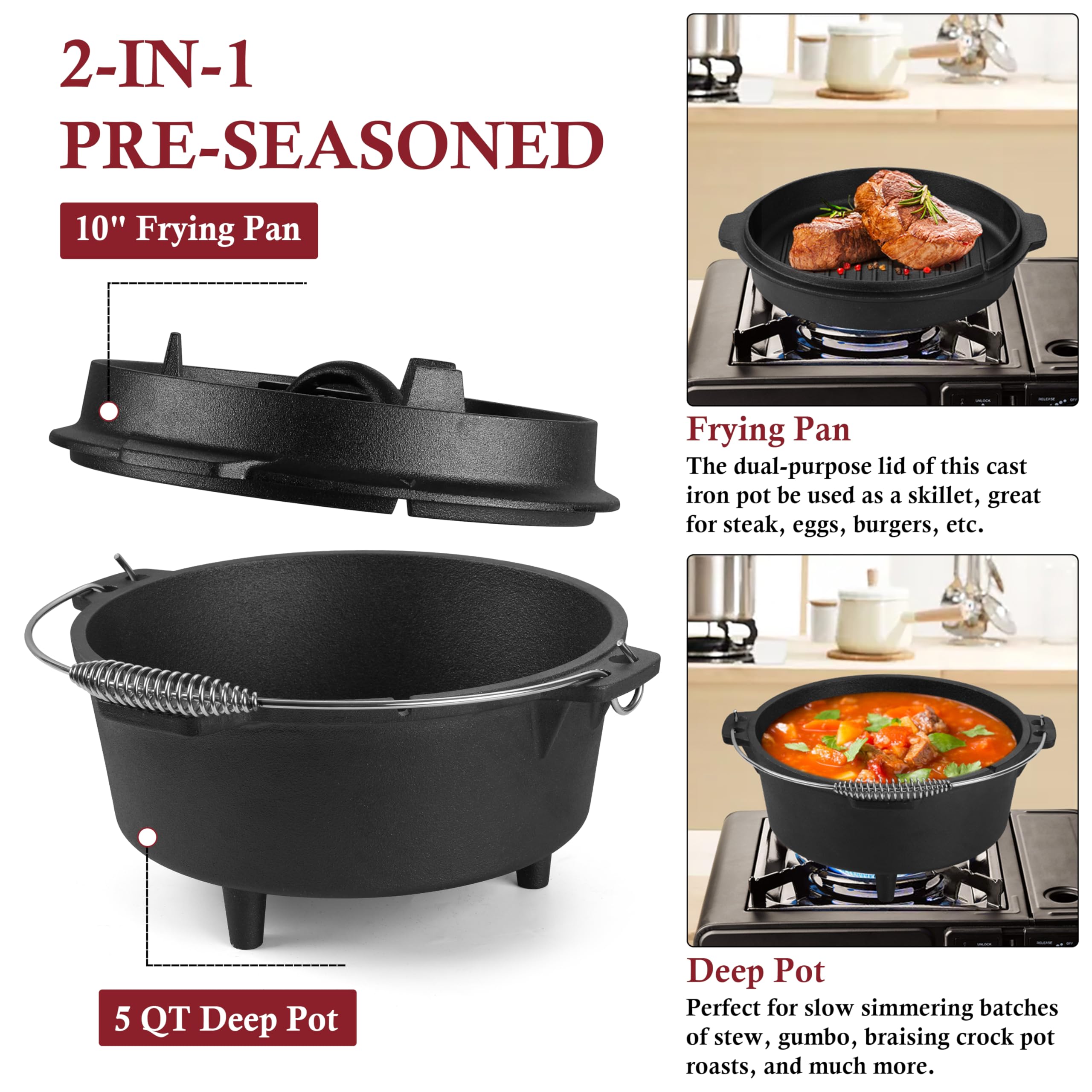 Leonyo Forno olandese da campeggio con sollevatore per coperchio, pre-stagionato e in ghisa, 5QT