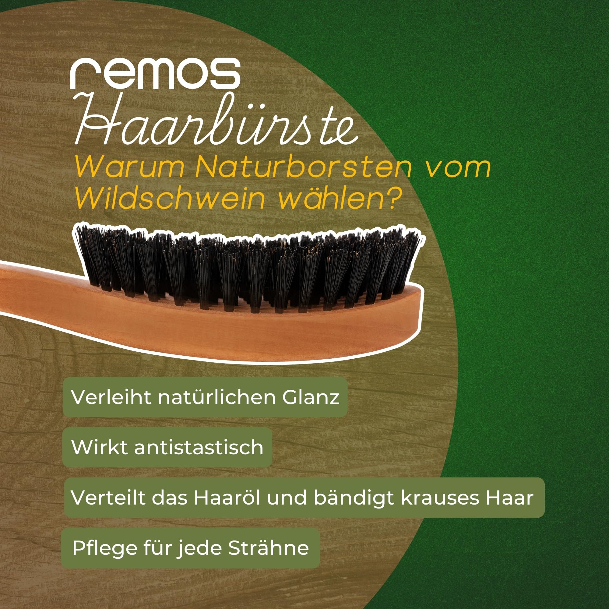 REMOS Haarbürste mit 100% Wildschweinborste aus Birnbaumholz mit breitem Griff und Bürstenreiniger