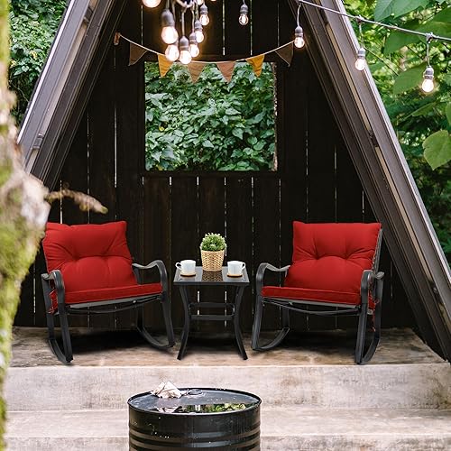 Miniatura 2 de Kozyard Juego de 3 sillas mecedoras para exteriores con mesa auxiliar y cojines, juego de muebles de mimbre para jardín, porche, patio trasero,