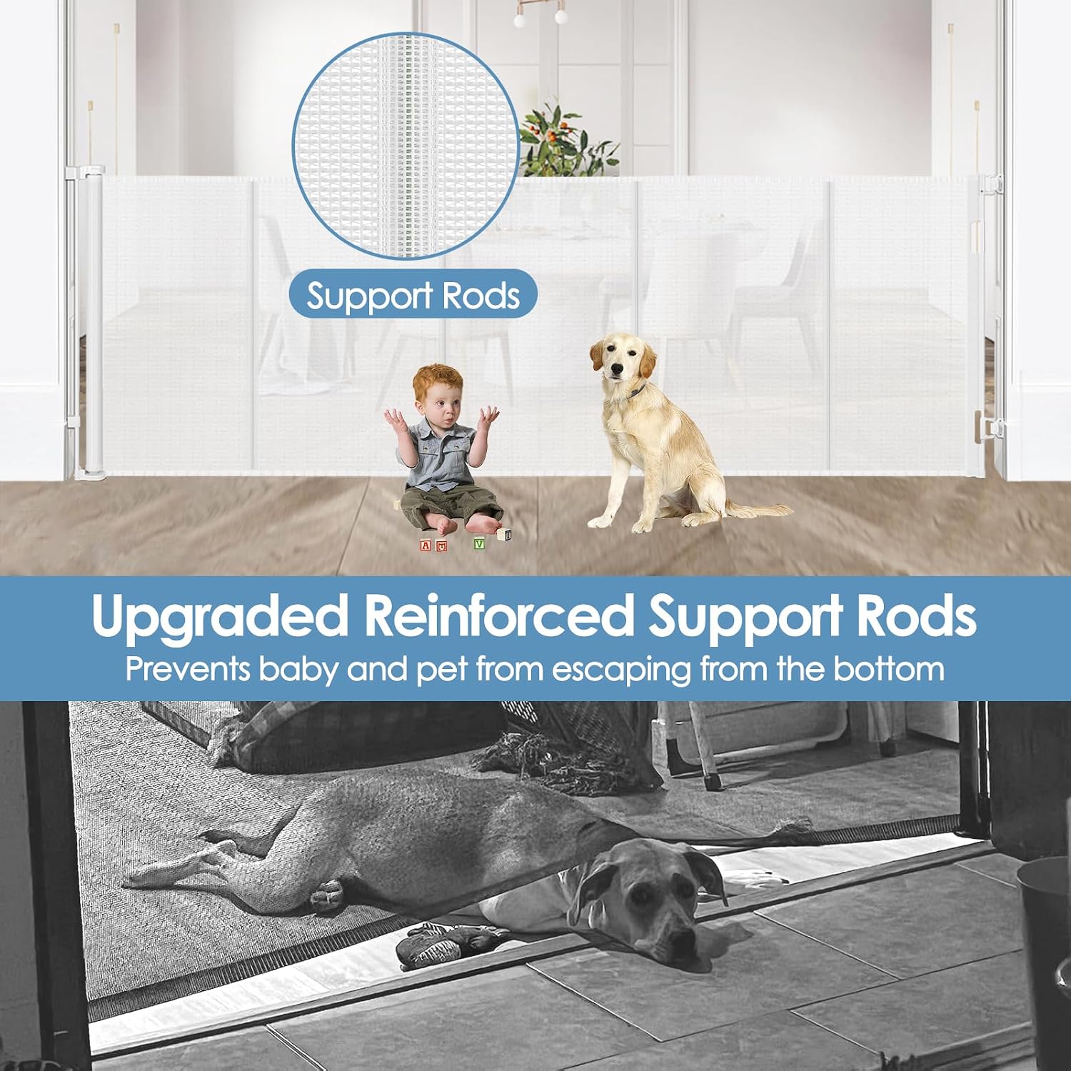 Reinforced 100 Inch Extra Wide Retractable Baby Gates with Reinforced Rods, Retractable Dog Gate Prevent Bottom Crawling Through, Mesh Pet Gate for Large Openings, White