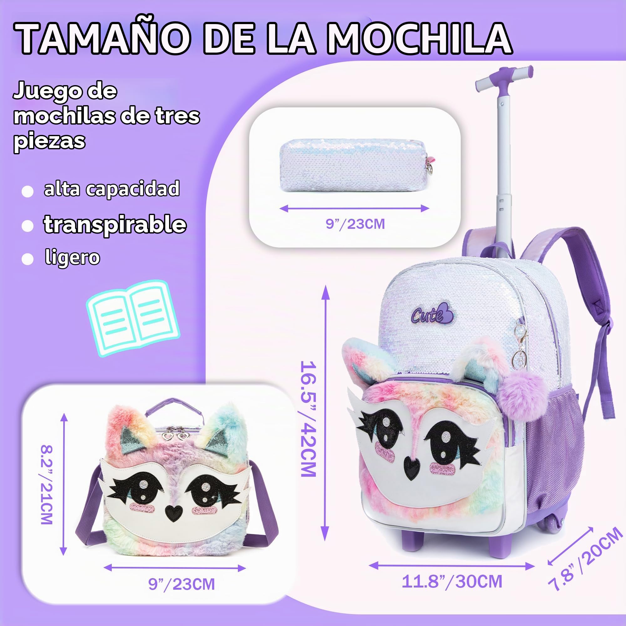 HTgroce 3 in 1 Mochila Escolar Con Ruedas Trolley Escolar para Niñas para la Escuela Primaria,Regalo de la Escuela de Niña.