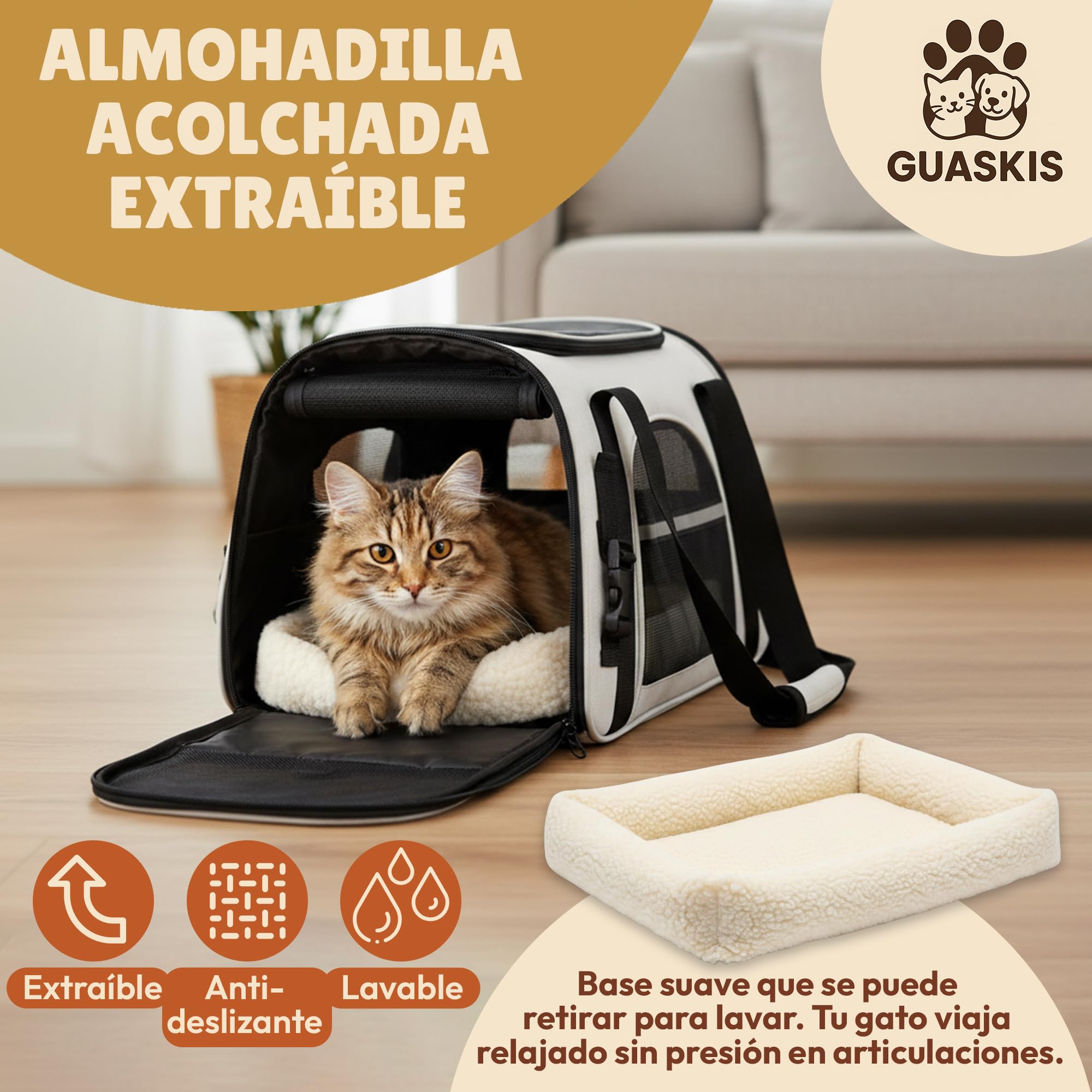 Transportín para Gato Apto para Avión – Bolsa Blanda y Plegable hasta 8 kg con Asa y Correa – Ideal para Viajes y Coche. Incluye Botella Agua Perro 2 en 1