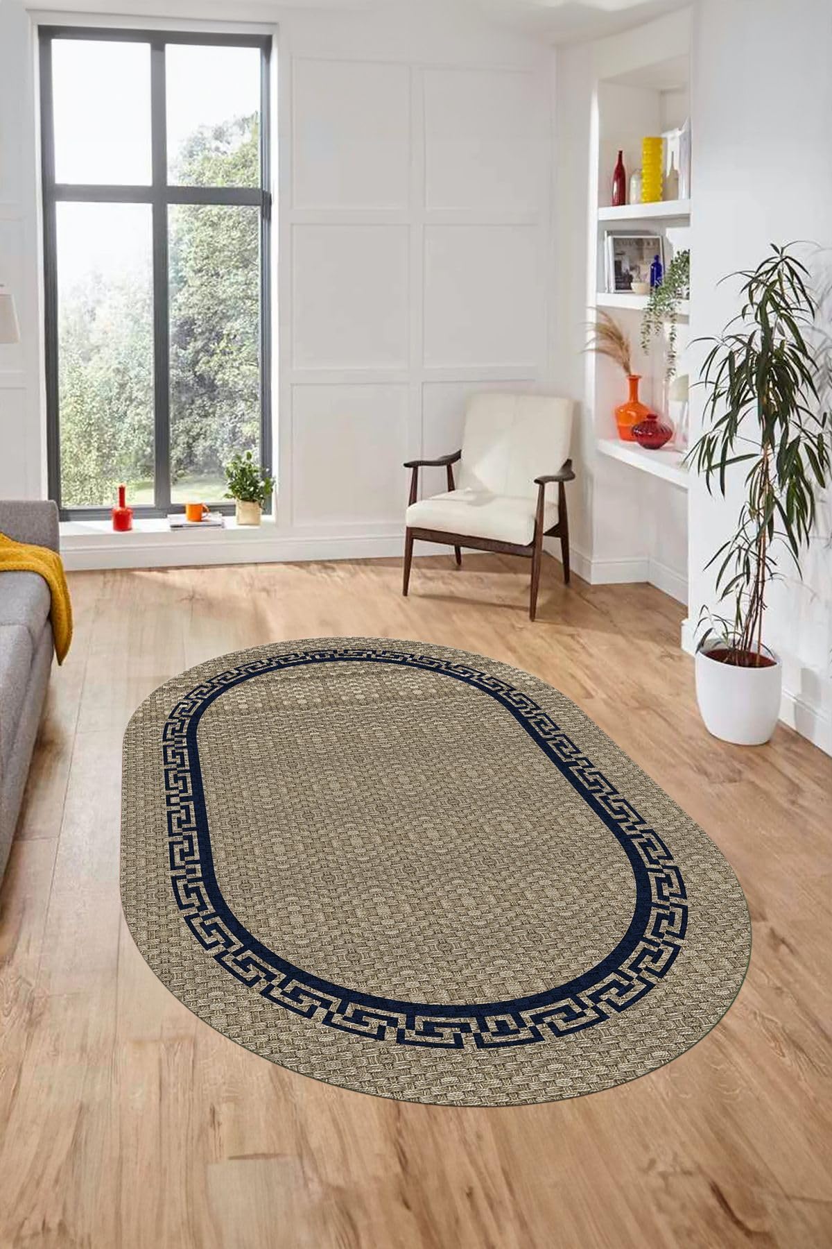 Evdeya Dijital Kaymaz Taban Yıkanabilir Jüt-Hasır Görünümlü Oval Mutfak Yolluk Salon Halısı O-JÜT-01, Mavi, 180 x 300