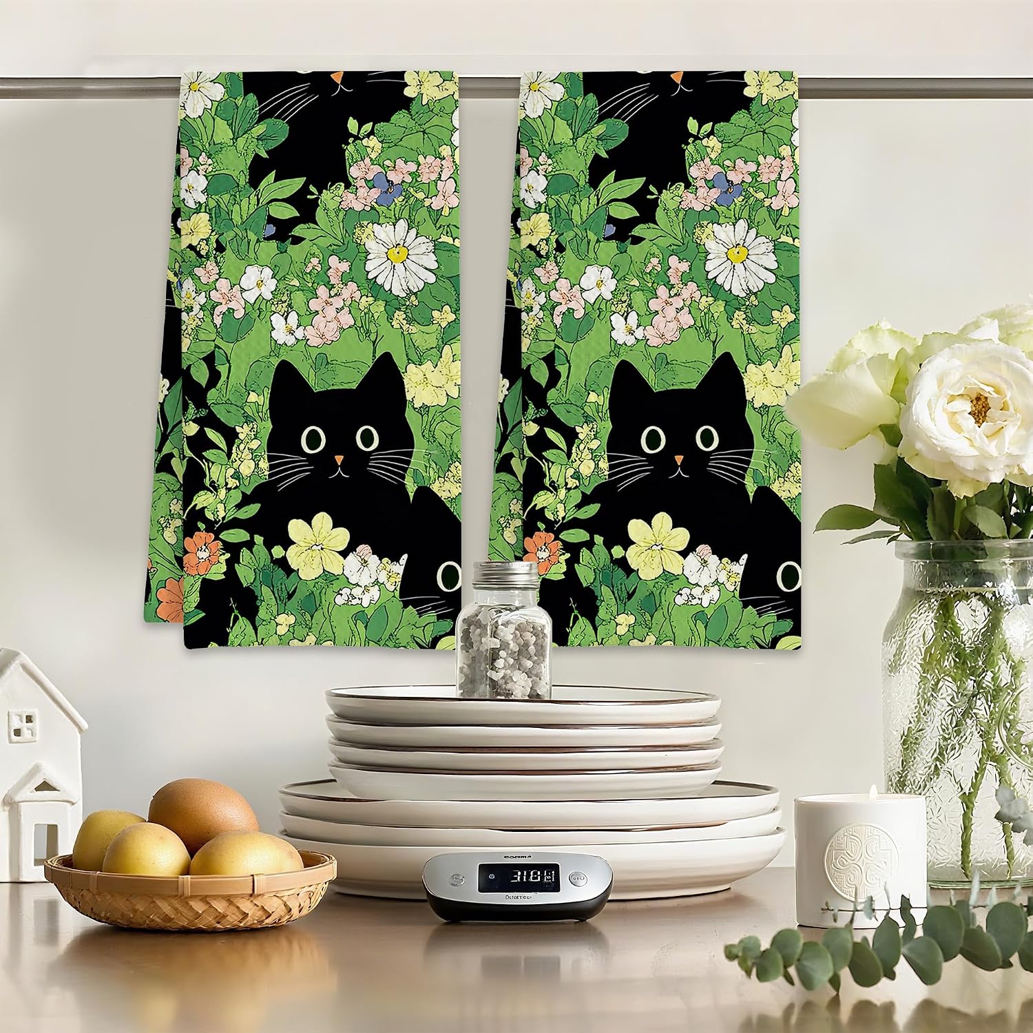 Cute Black Cat and Flowers Hand Towels for Bathroom Set of 2,Absorbent Waffle Weave Kitchen Towels,Decorative Modern Bathroom Towel for Bath,Guest,Shower 16 X 24 Inch image 3