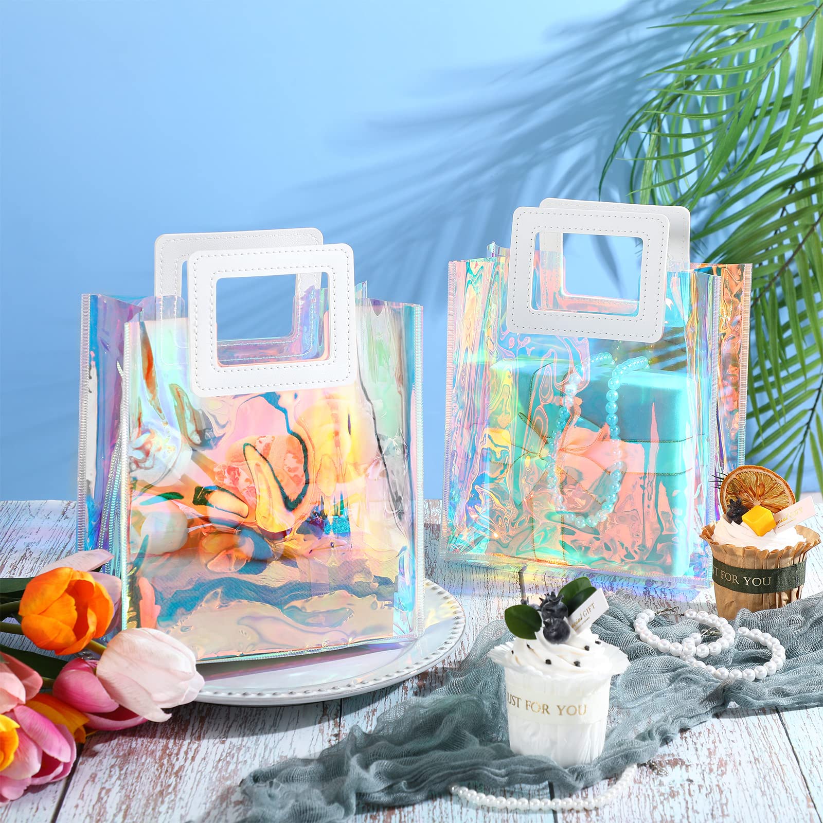 Cindeer 20 Pack Iridescent Gift Bags with Handles - Clear Holographic Tote Bag, Goodie, PVC Gift Wrap for Party, Birthday, Wedding, Baby Shower, Bridal Party Favor(7 x 4 x 8 Inch)