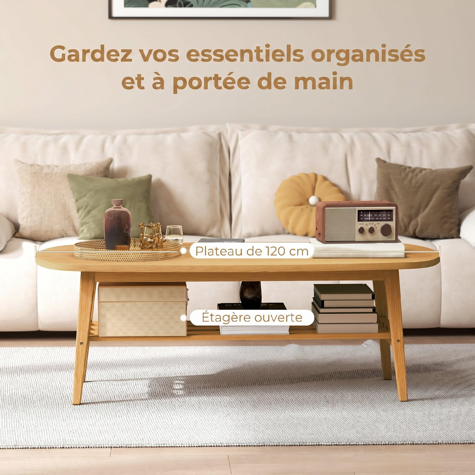 HOMCOM Table Basse à 2 Niveaux Table de Salon 120 x 60 x 42 cm Bois Naturel