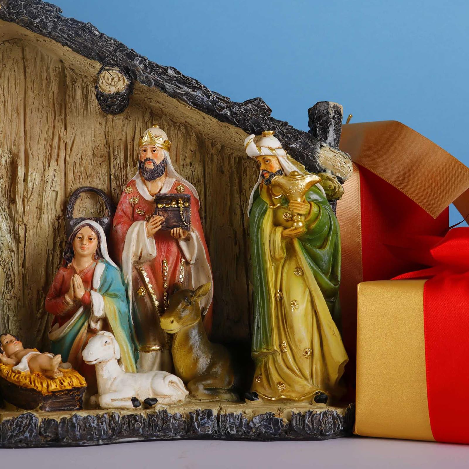 Scena della Natività - Decorazioni di Statue di Natale da 38 cm - Statuine della nascita di Gesù in resina con asilo nido - per tavolo caminetto famiglie cattoliche chiesa casa