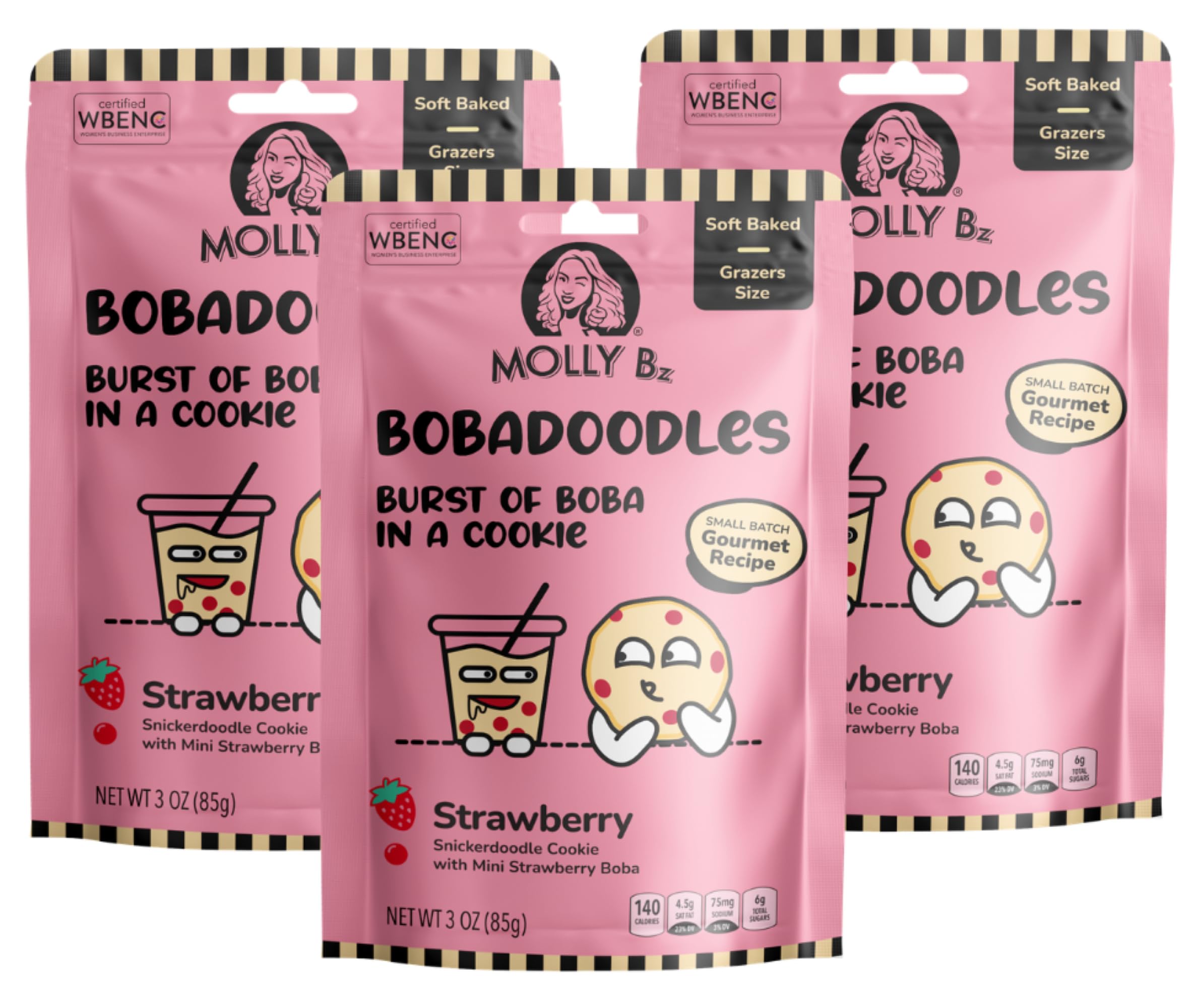 Molly Bz Food Bobadoodles - Burst of Boba in a Cookie - Snickerdoodle with Mini Strawberry Boba Flavored Pearls - Soft Baked Gourmet Recipe (3 Pack)