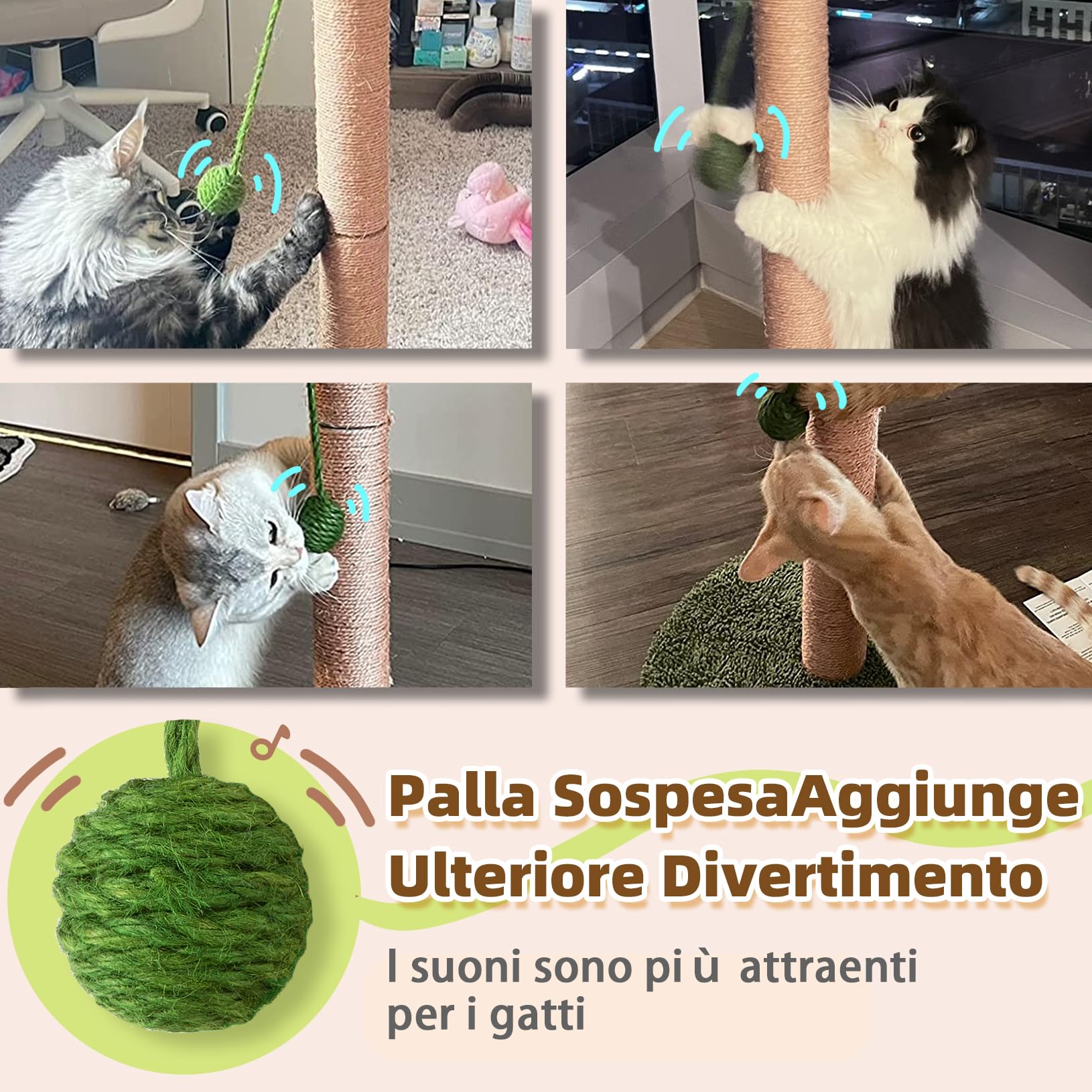 MEOWOOU Tiragraffi per Gatti Alto 60 cm con Corda in Sisal Da Interno Adulti Graffiatoio in Sisal Carino per Gattini Verde Palo