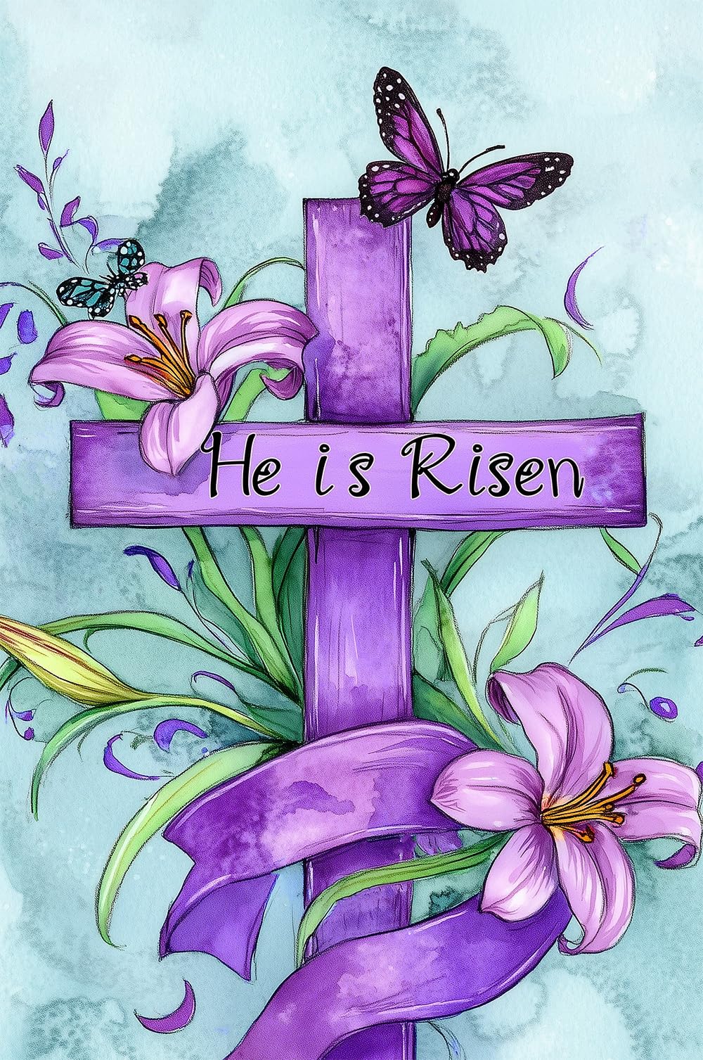 Texupday He is Risen Religious Cross Floral Butterfly Decoration Vertical Easter Spring Holiday Garden Flag Rustic Outdoor Yard Banner 12" x 18"