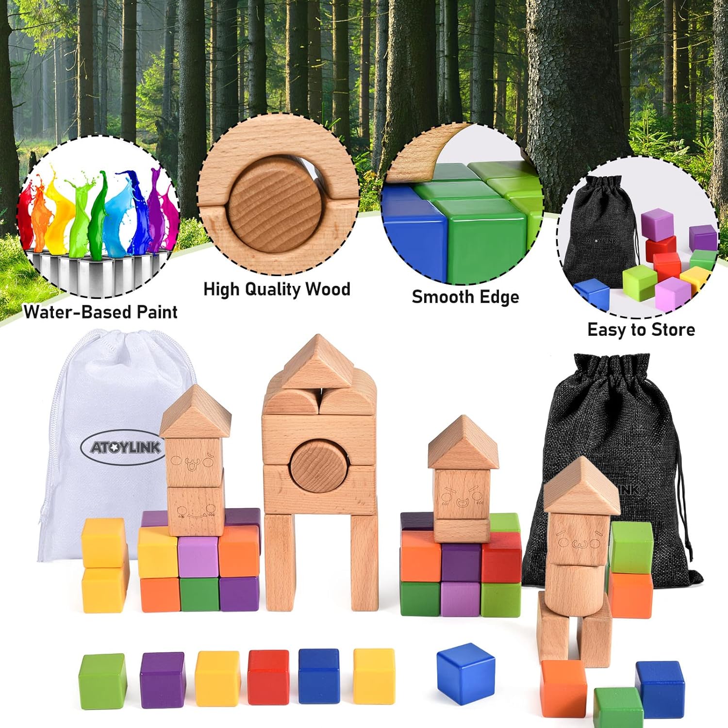 68PCS Wooden Building Blocks Rainbow and Solid Wood Cubes Stacker ...