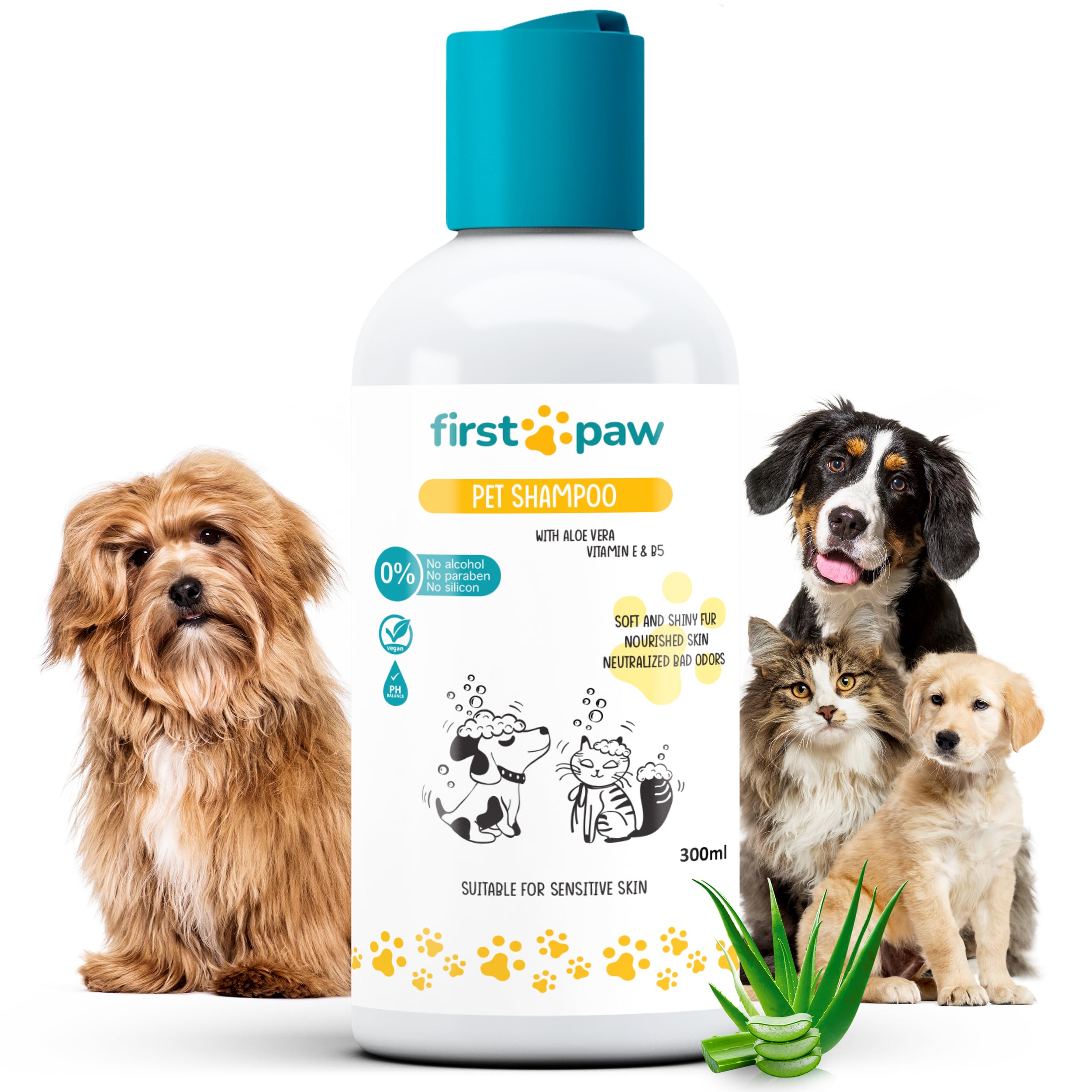 FIRSTPAW 300ML Champu Perro y Champu Gatos - Natural Champú Perro con Aloe Vera, Champu Perros Piel Sensible para Todos Tipos de Pelaje, Hidratante e 100% Vegano Champu para Perros, Cachorros y Gatos